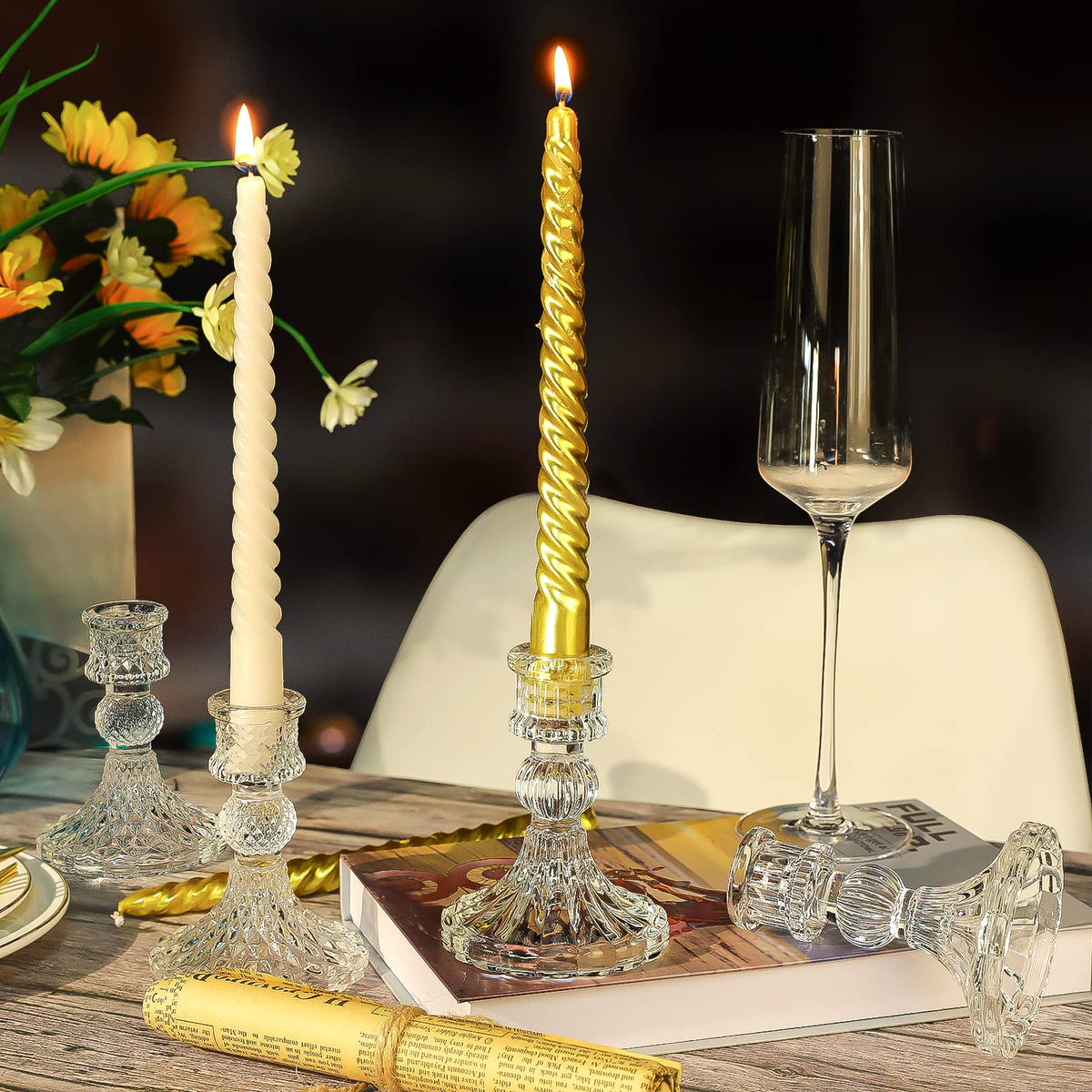 Clear Glass Candlestick Holders,8 pcs Set Include Taper Candle Holders and Stripe Candle Holders,Two Style for Formal Events, Wedding, Festival,Church, Party & Festival Decoration