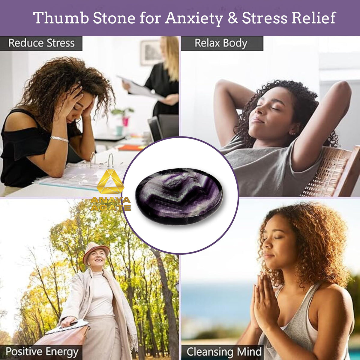 Anaya Agate Fluorite Worry Stones Certified Crystal Thumb Worry Stone for Anguish, Relaxing and Soothing Balance Stones for Meditation, Stress Relief Crystals and Healing Stones for Men, Women