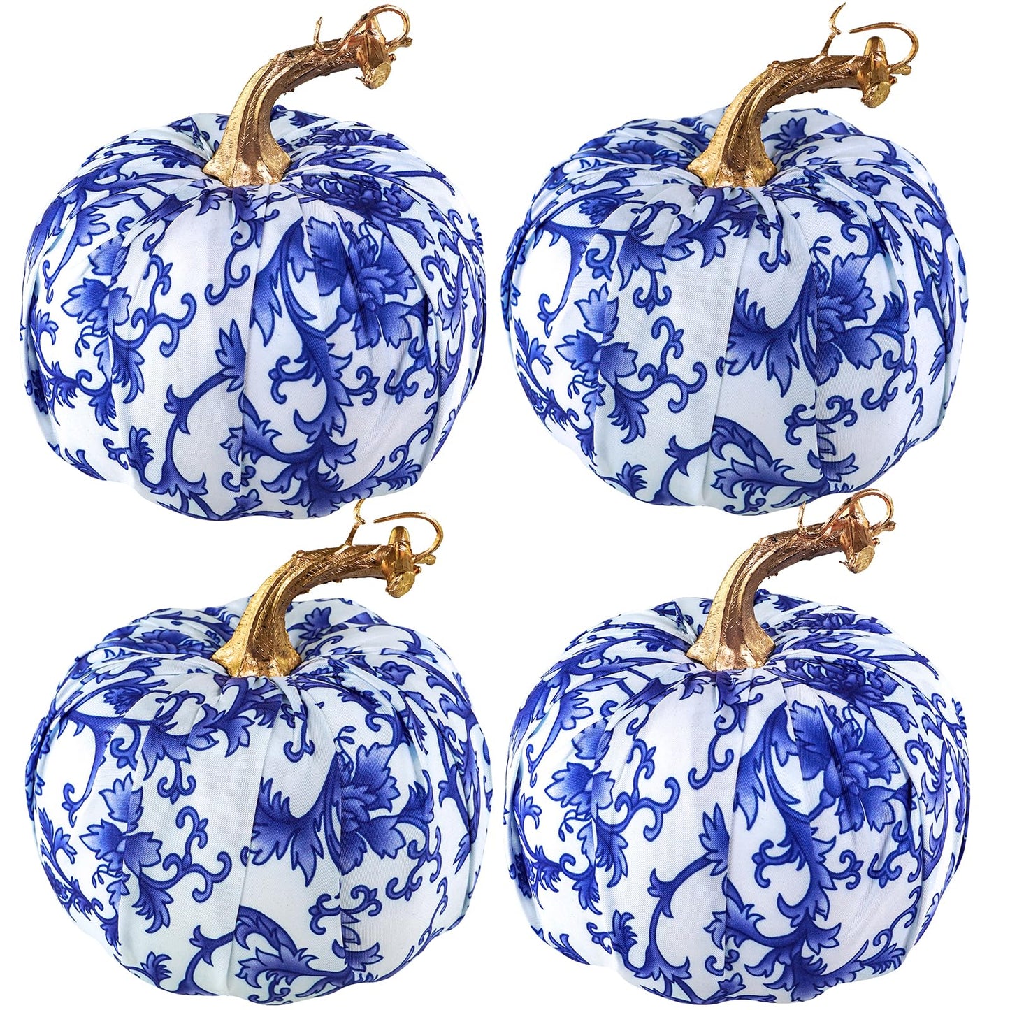 Winlyn 4 Pcs Faux Decorative Blue and White Fabric Pumpkins Chinoiserie Chic Pumpkins Foam Pumpkins for Gifts Farmhouse Thanksgiving Halloween Fall Wedding Table Centerpiece Mantel Bowl Decorations