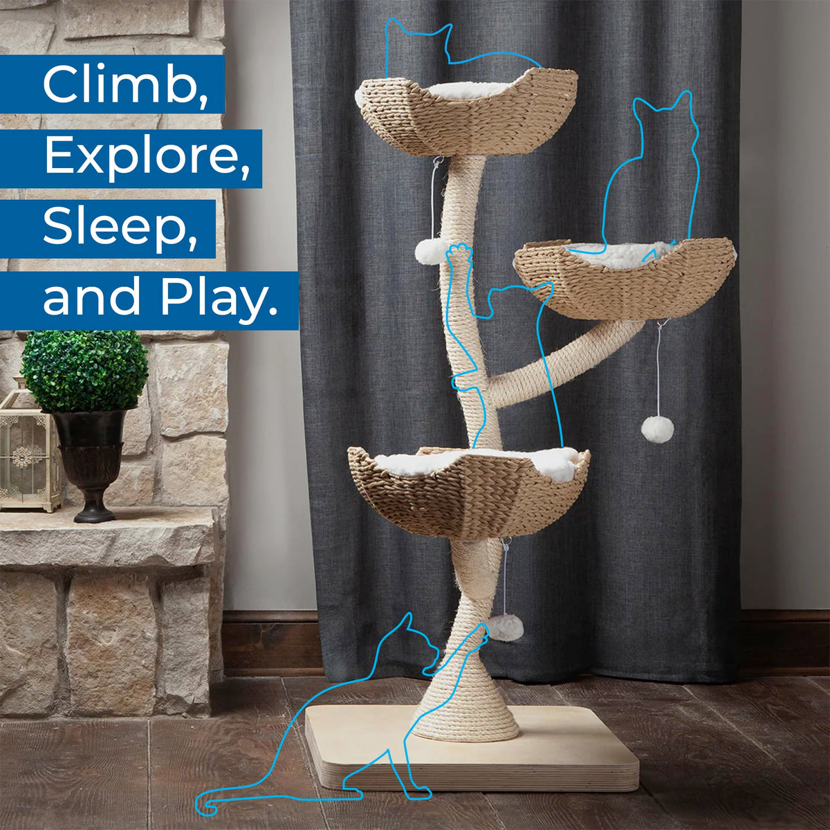 Habitat Haven The Sanctuary Cat Tree - Luxury Cat Condo, Large Modern Indoor Tower with 3 Faux Fur Beds, Scratching Posts, and Toys for Cats, 23-Inch Width x 23-Inch Depth x 52-Inch Height