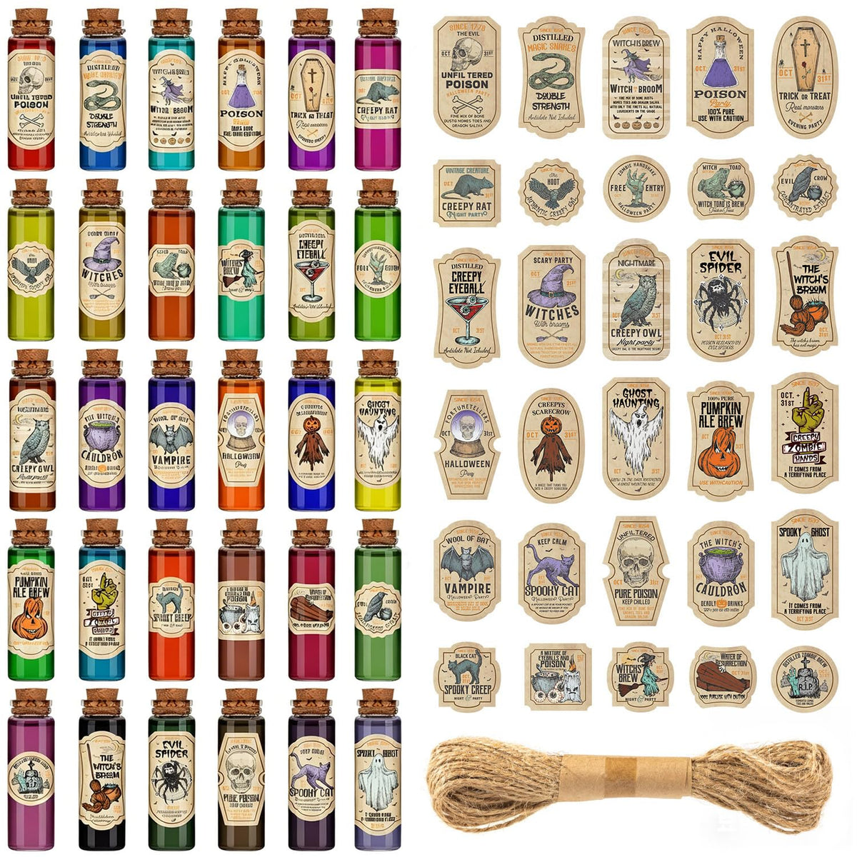 ZAUGONTW 91 Pcs Halloween Potion Bottle Set, 30 Potion Bottles with Cork Stoppers, Stickers, 30 Charms Pendants and 1 Piece String for Halloween Tiered Tray Decorations, Indoor Party Supplies