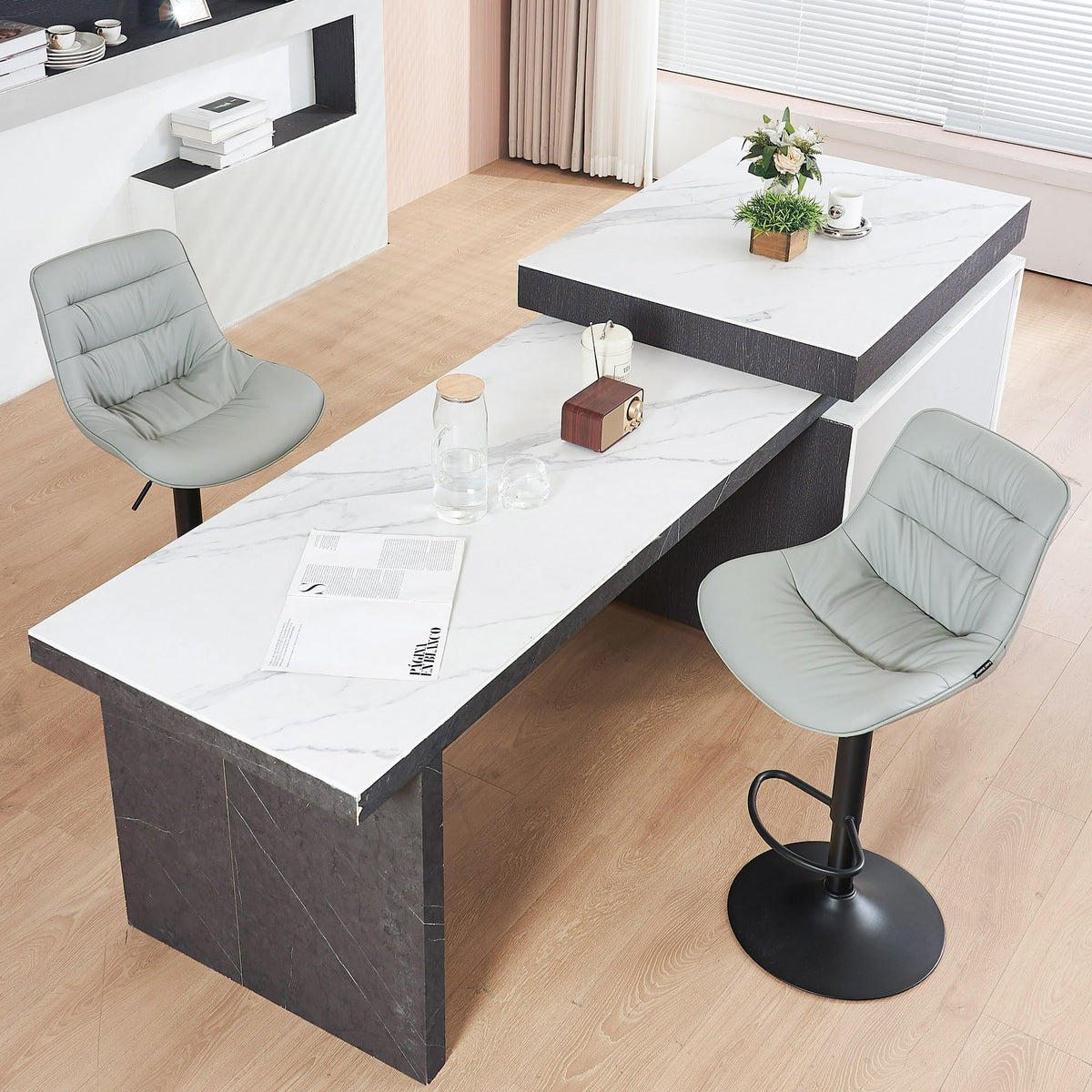 Kidol & Shellder Adjustable Bar Stools Set of 2, Faux Leather Counter Height BarStools with Back, Modern Mid Century Upholstered Bar stools for Kitchen Island Gray