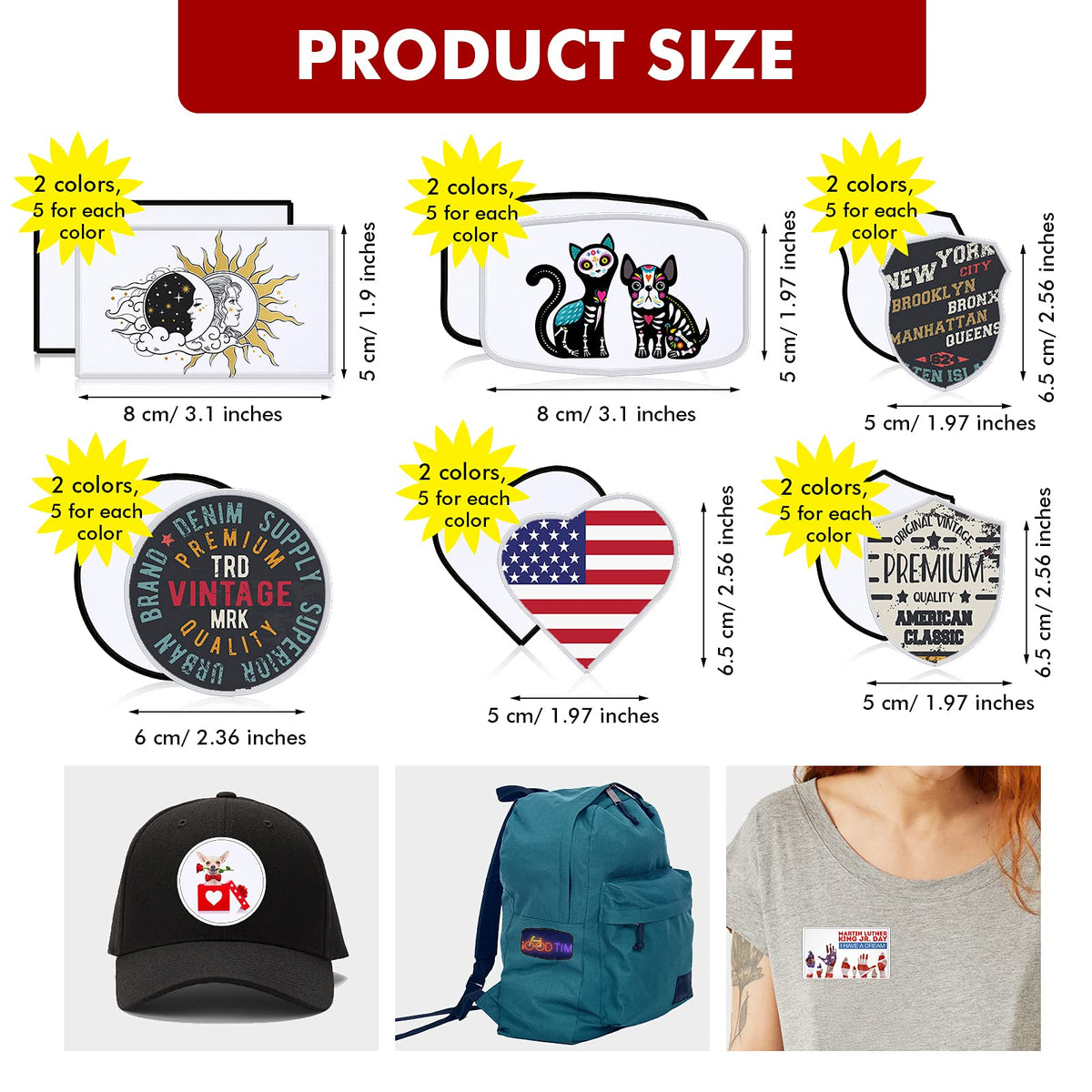 60 Pcs Sublimation Patches Fabric 6 Shapes Iron On Blank Patches Repair Embroidery for DIY Crafts Hats Caps Shirts Shoes Jeans Bags Backpack Uniforms Supplies, Black and White Frame