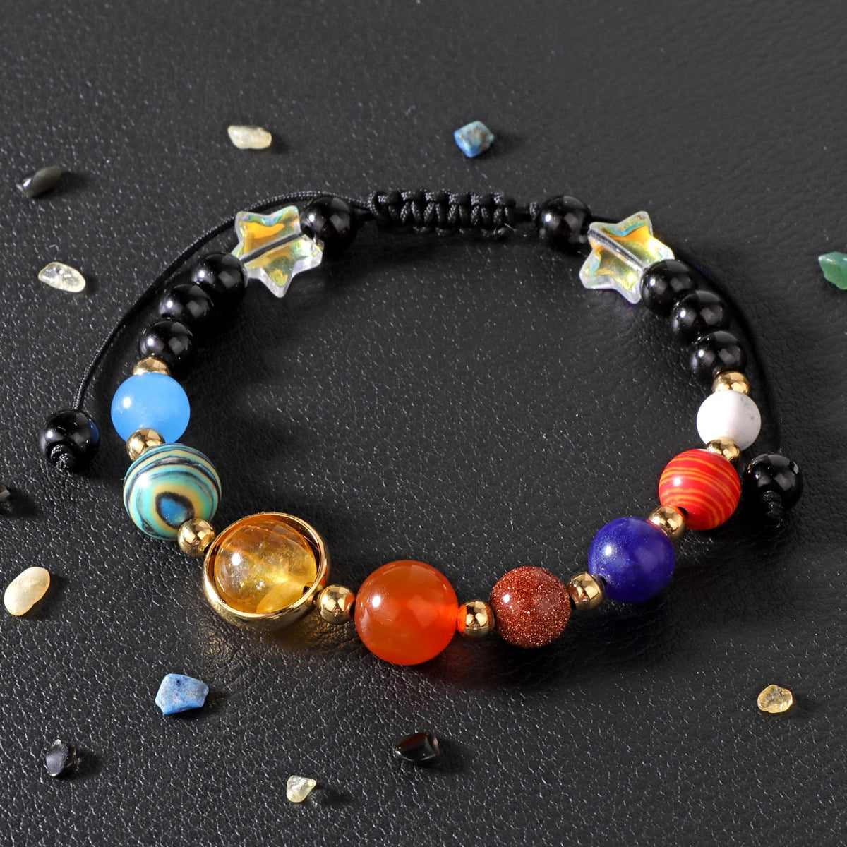 Risyfjew Solar System Eight Planets Guardian Star Bracelet Cosmic Jewelry with Natural Chakra Stones Adjustable Stretch Crystal Bracelet for Men Women Gift for Space Lovers