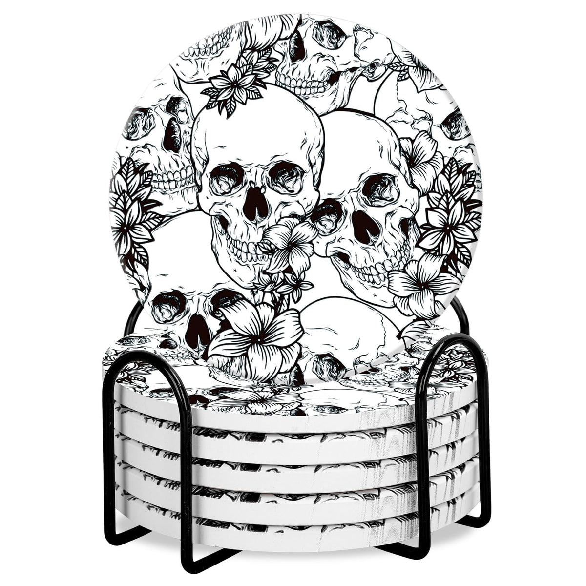 Whaline 6Pcs Halloween Ceramic Coasters with Iron Holder Skull Floral Drink Coasters Absorbent Cup Mat for Mug Cup Home Kitchen Party Table Decor