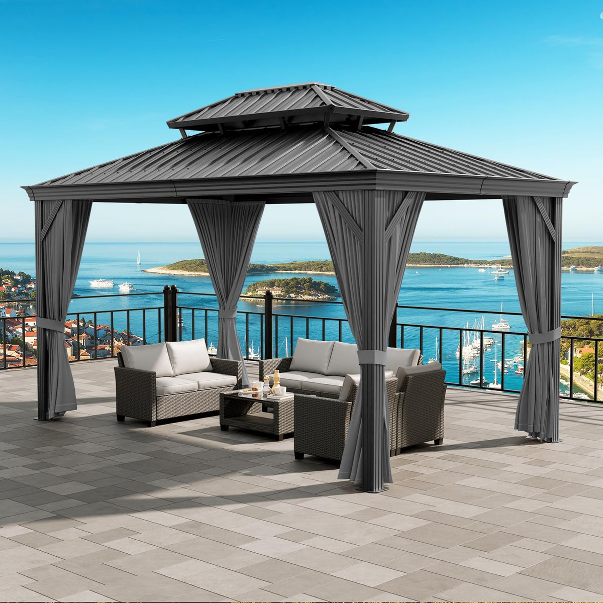GAOMON Heavy Duty Aluminum Hardtop Gazebo with Double Metal Roof – Mosquito Netting & Privacy Curtains – Durable Outdoor Pavilion for Patio, Garden, Deck, Backyard, Lawn – Black Spray, Gray Cloth,