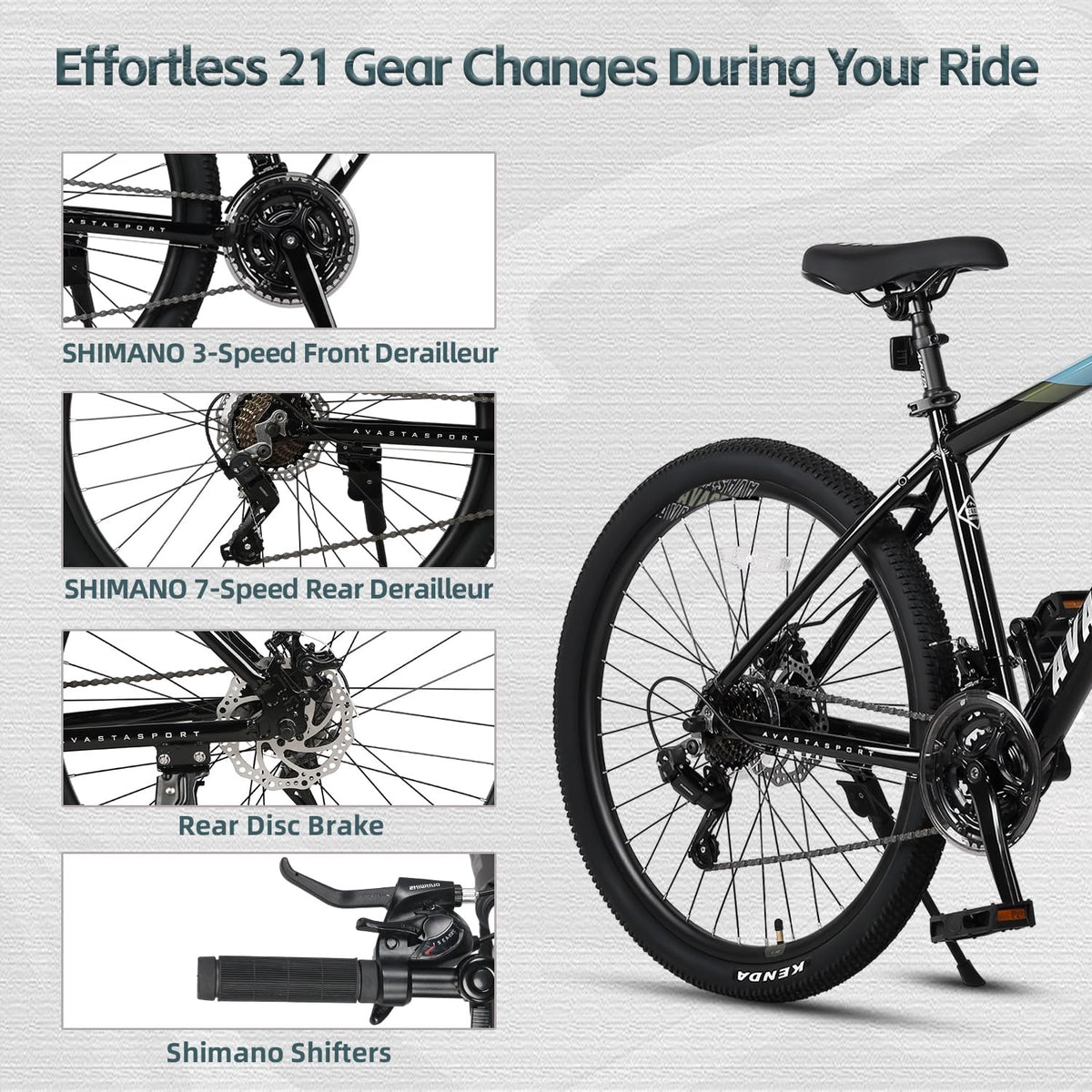 AVASTA 26-inch Mountain Bike for Man Male and Woman Female Adult with Lightweight Aluminum Alloy Frame and Dual Disc Brakes,Front Suspension,21-Speed Gear Shifters,Hidden Brake Cables,Blue