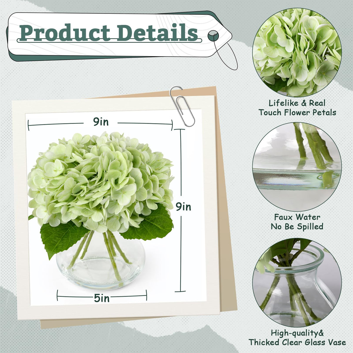 AMORISE Real Touch Artificial Hydrangea in Vase,Premium Faux Flowers with Faux Water for Home Decoration,Coffee Table,Wedding,Green Fake Hydrangea with Vase for DIY Floral Arrangements