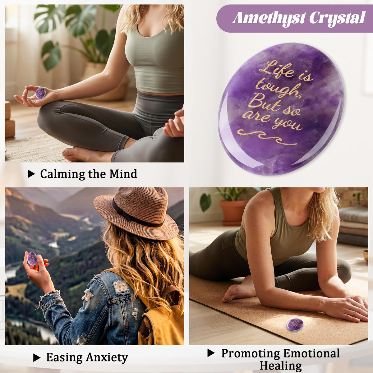 NUKAYAI Inspirational Gifts Worry Stone Amethyst Crystal Crystals and Healing Stones Oval Natural Meditation Accessories Gemstones Trinkets Pocket Stress Relief Anxiety Relief Items Gifts for Women