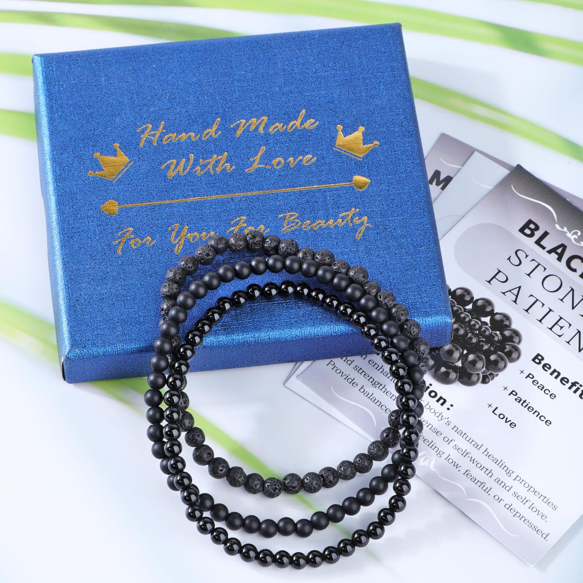 CMBYN 3-Pieces 4mm Natural Crystal Gemstone – ﻿Black Lava, Black Onyx, Matte Black Agate Handmade Reiki Energy Healing Stretch Bracelets Jewelry for Yoga, Meditation, Unisex