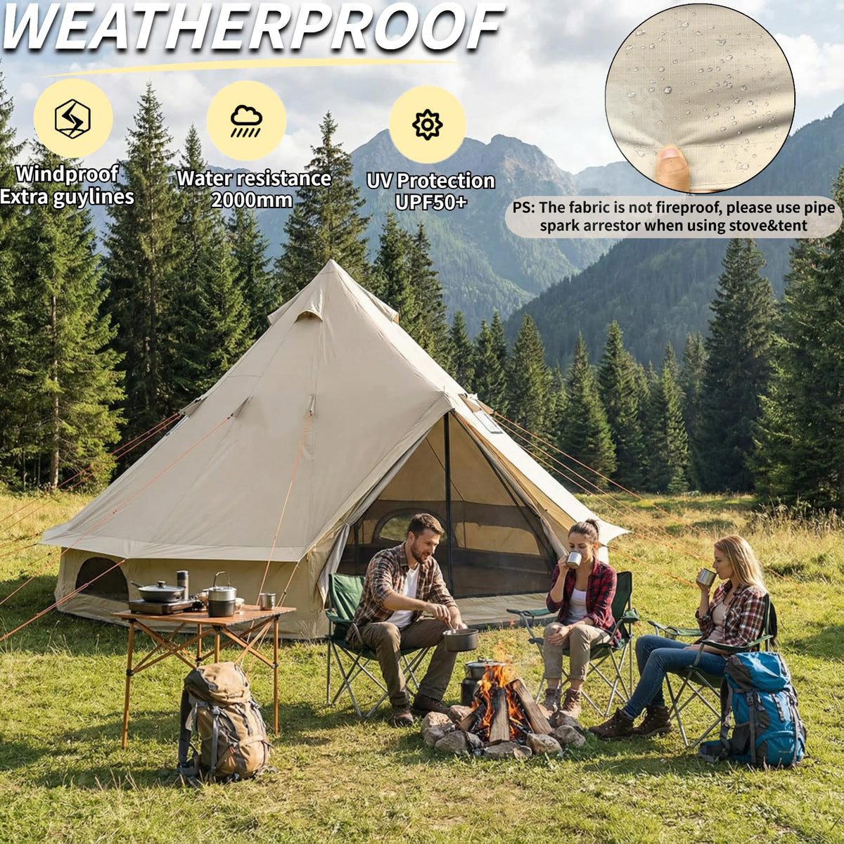 DANCHEL OUTDOOR B2 Portable Yurt with Footprint Tarp for All Year Living, 4 Season Bell Tent 4/6 Person Family Camping Glamping Party 300D Oxford Khaki,4m/13ft