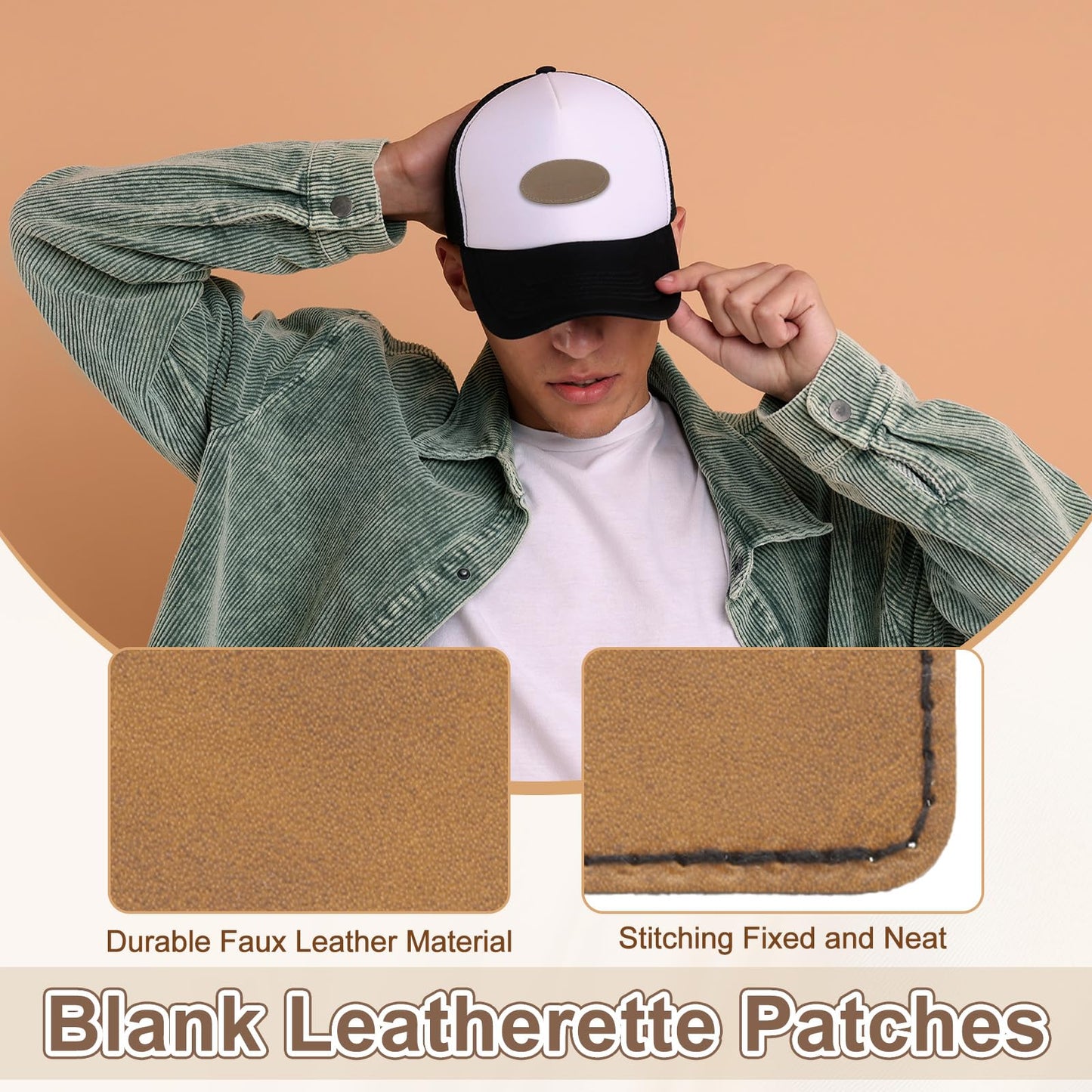 MECCANIXITY Blank Leatherette Patches, Faux Leather Hats Patches Sets with Adhesive Iron-on Heat Press Engraved for Hats DIY Fabric Repair Sew(Light Brown/Brown/Khaki, Pack of 60)