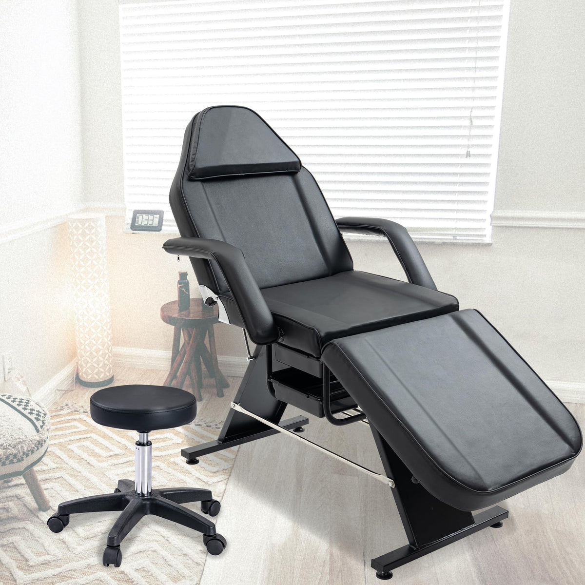 WZONICE98 3-Section Adjustable Facial Bed and Tattoo Chair, Hydraulic Stool with 2 Trays, 330lbs Capacity Massage Salon Spa Chair, Multi-Purpose Esthetician Lash Bed for Waxing Beauty Barber Black
