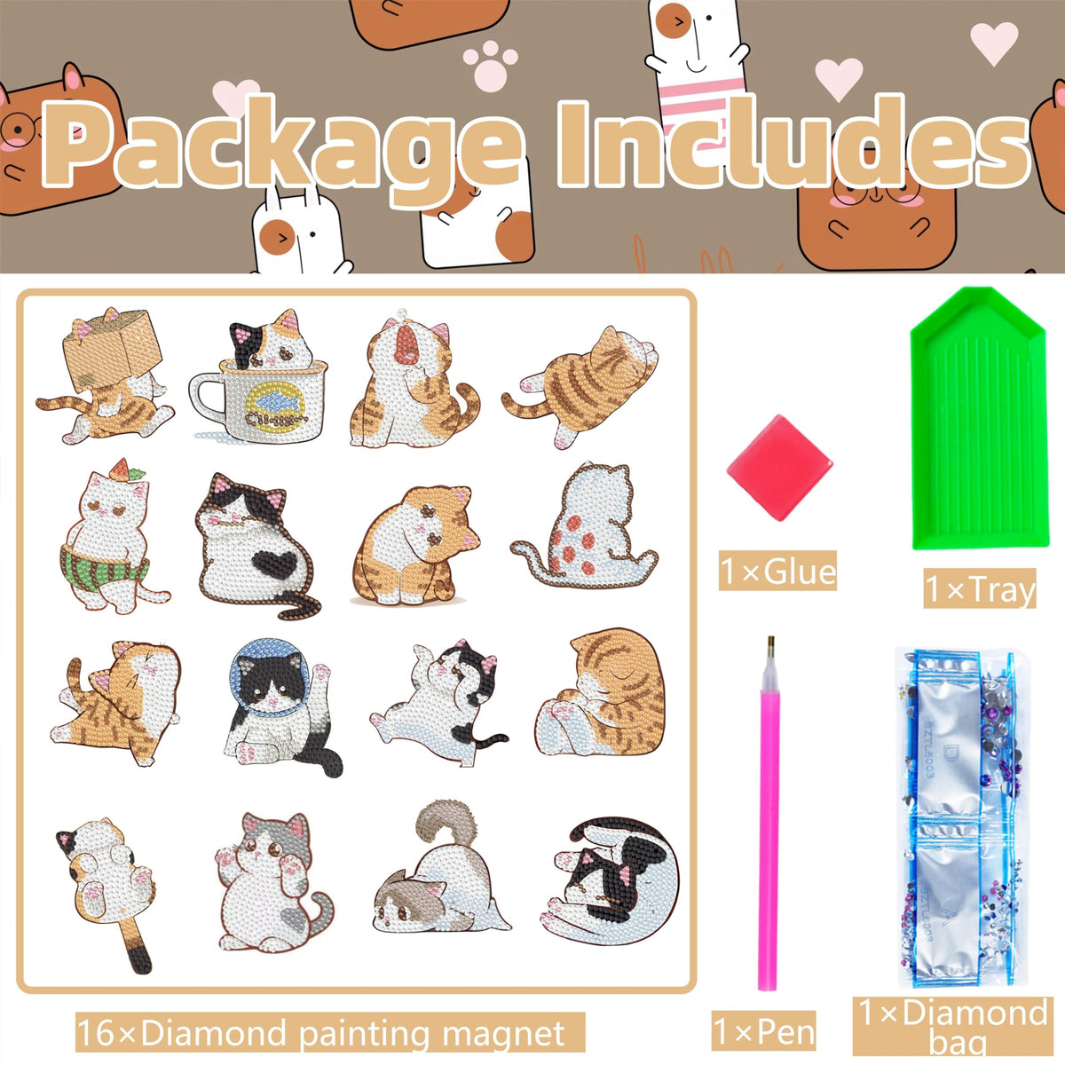 16 Pcs Cat Diamond Painting Magnets Kits Diamond Art Fridge Magnet Refrigerator Sticker Diamond Painting kit for Beginners Adults DIY Art Craft Gifts Home Decors