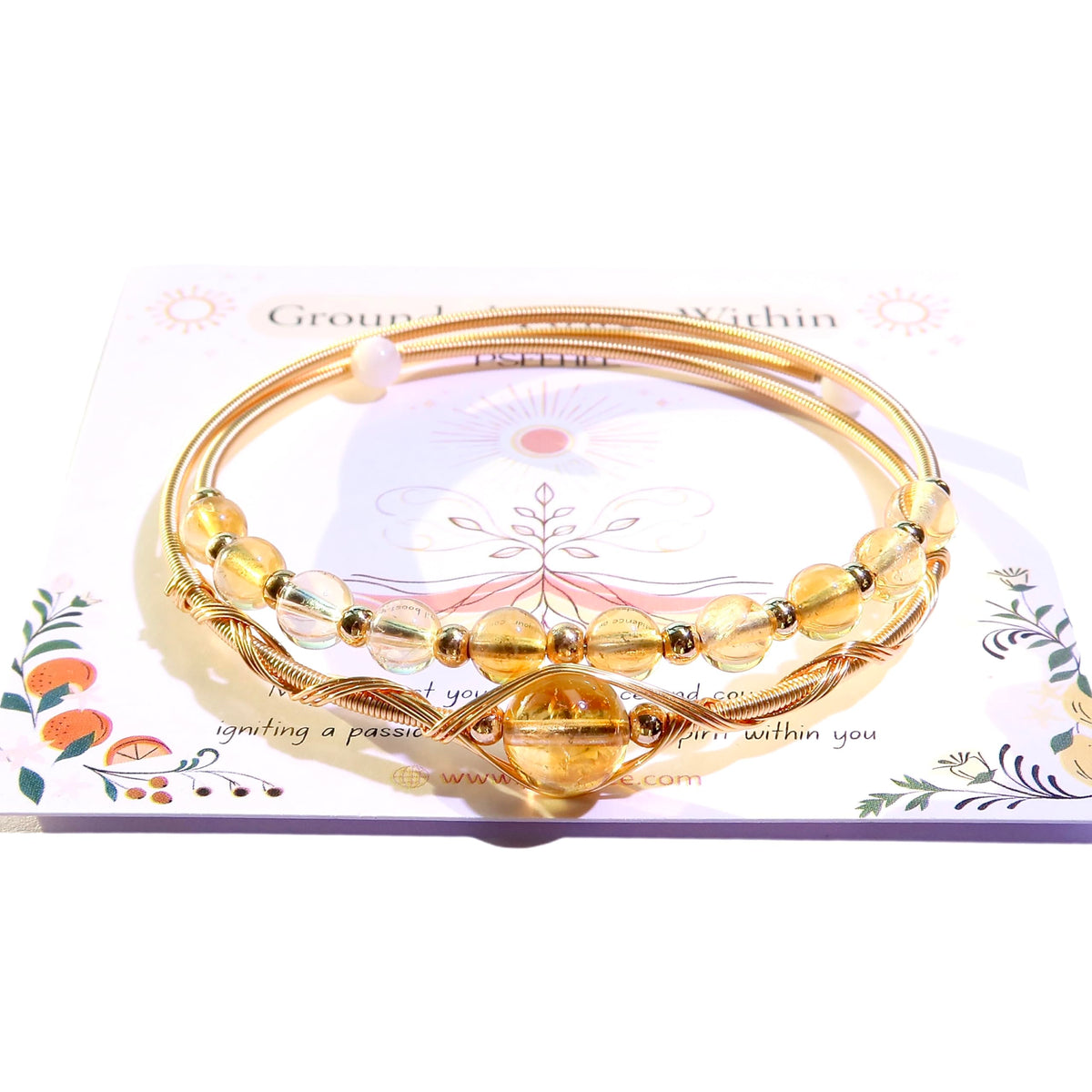 PSEEHEE Handmade Genuine Citrine Crystal Double Layered 14k Gold Filled Wire Wrapped Bracelet, Birthstone Chakra Healing Gemstone Crystal Beads Adjustable Bangle Cuff Jewelry Gift for Women