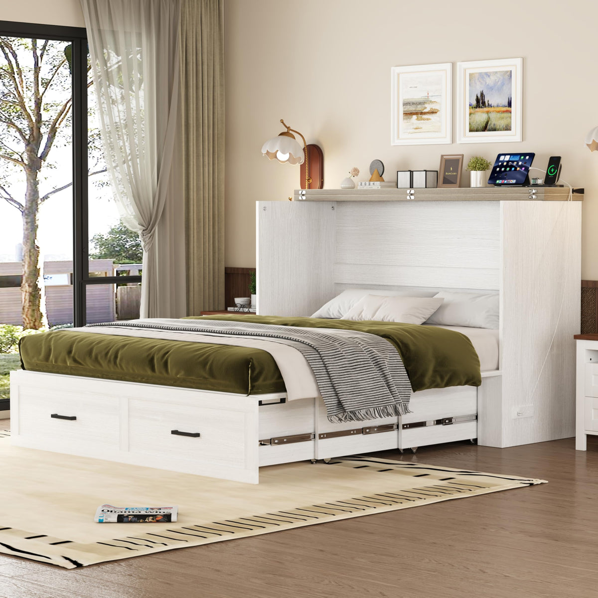 Ball & Cast Murphy Bed Queen,Farmhouse Hideaway Cabinet Bed with Charging Station and Large Storage Drawer,Foldable Wall Murphy Beds w/Slat Support,Space-Saving Furniture for Study,Office,White