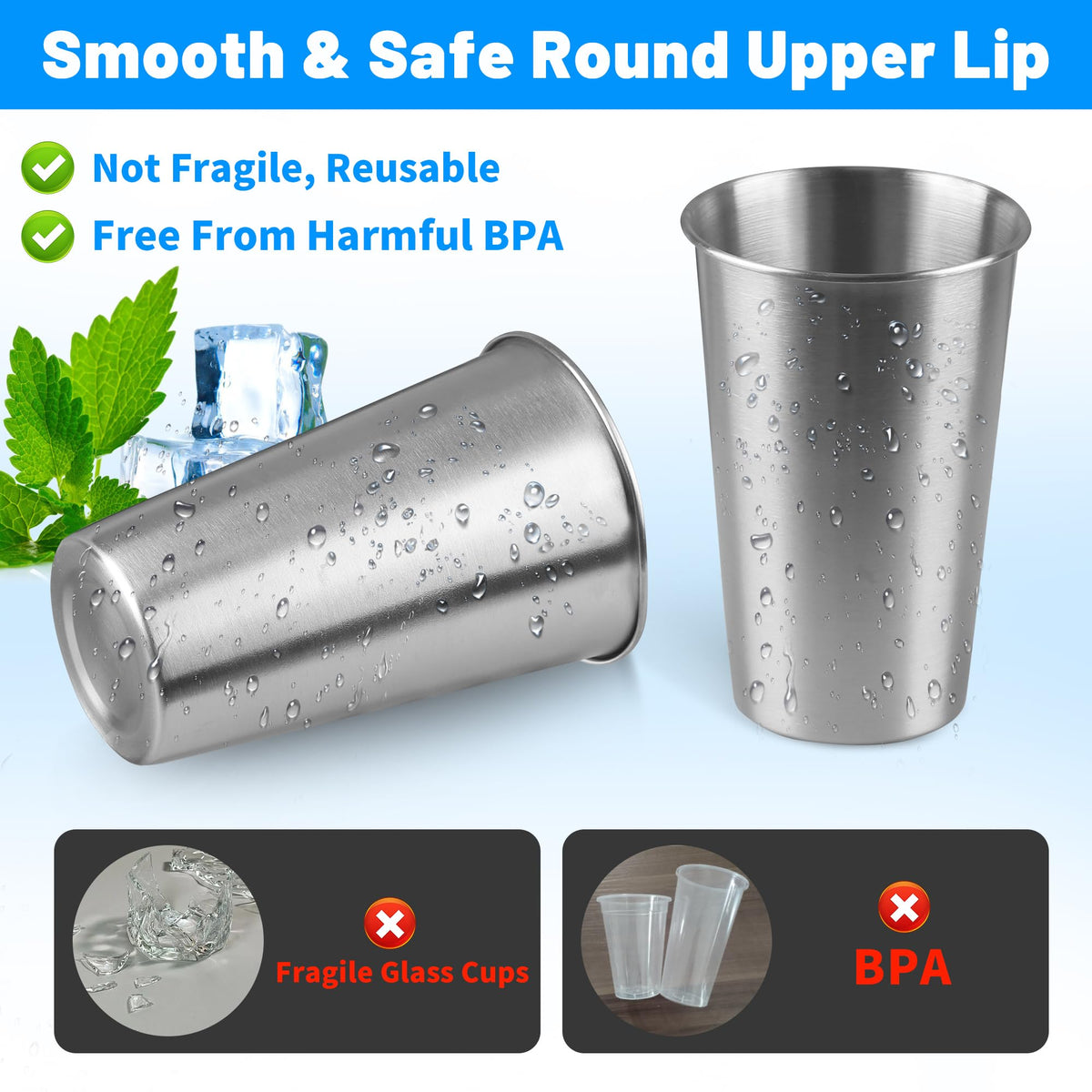 HAMILADUO 16Pack 16 oz Stainless Steel Pint Cups,Stainless Steel Cup,Pint Cup Tumbler，water Tumbler,Stackable,Reusable,BPA Free, (16)