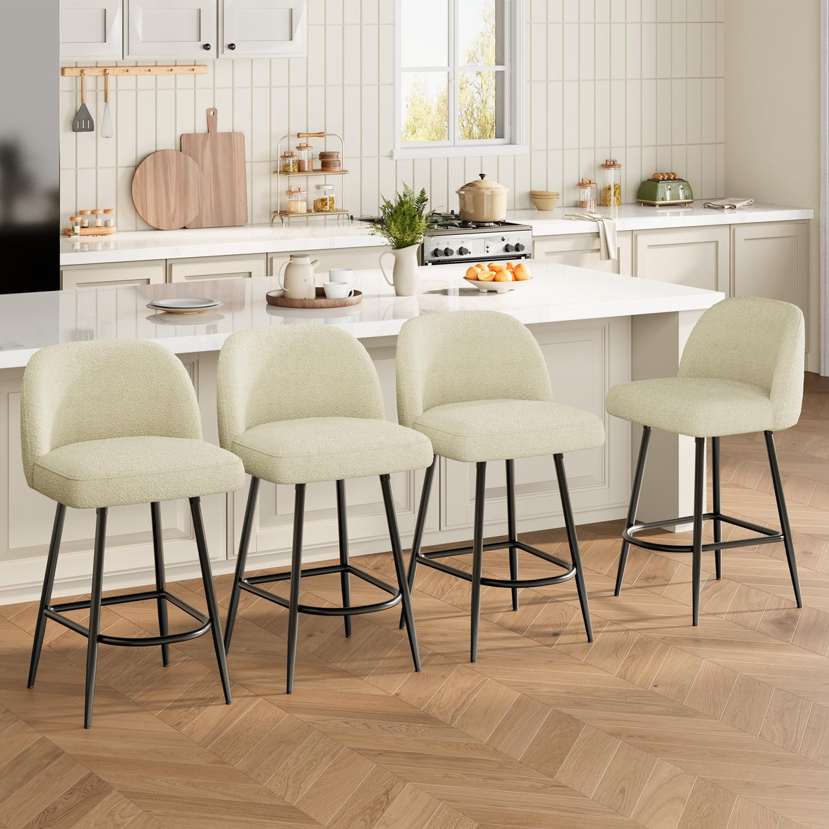 IDEALHOUSE Counter Height Bar Stools Set of 4, 26" Modern Upholstered Barstools with Backs and Metal Legs, Faux Sherpa High Chairs with Arc Metal Footrest for Kitchen Island, Beige