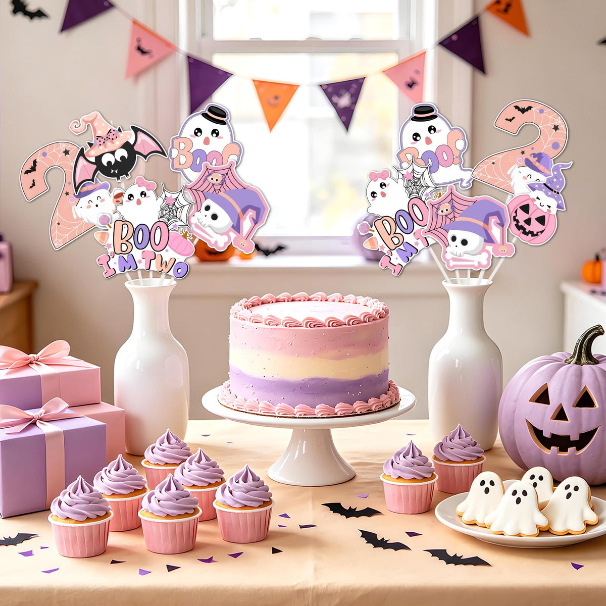 Fangleland 24PCS Halloween 2nd Birthday Centerpiece Sticks, Pink Purple Boo I'm Two Table Toppers Cute Ghost Pumpkin Photo Booth Props, Two Spooky 2 Year Old Party Supplies for Girls