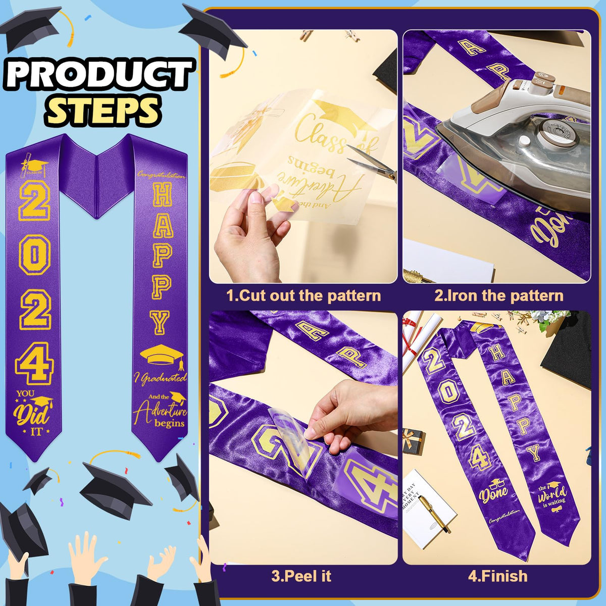 Spakon Unisex Adult Plain Graduation Stole with a to Z Letter 0 to 9 Number Graduation Pattern Badge Decorate Repair Patches(Purple)