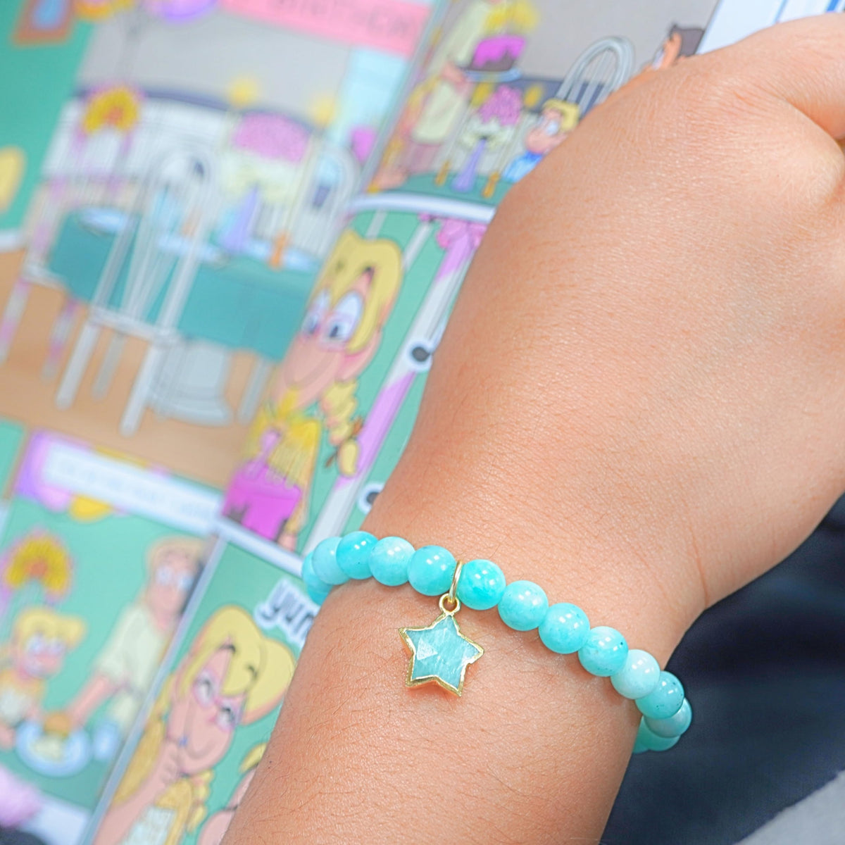Amazonite Bracelet Birthday Favors for Kids, Toddler Bracelet with Certified 925 Sterling Silver 18K Gold Vermeil Amazonite Crystal Star Charm