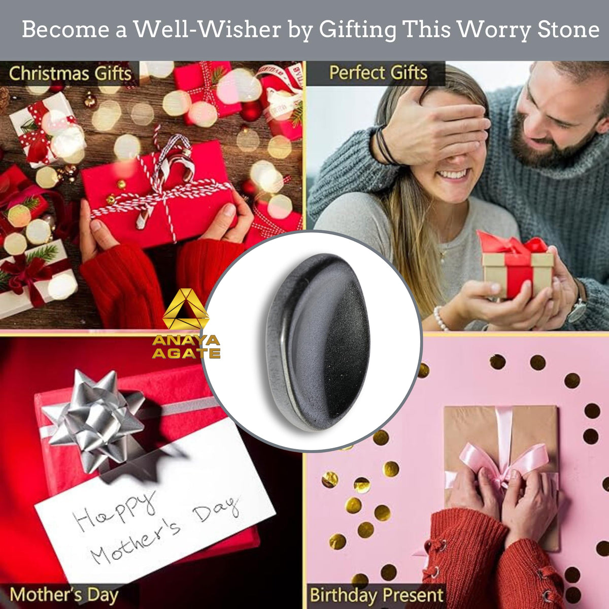 Anaya Agate Hematite Worry Stones Certified Crystal Thumb Worry Stone for Anguish, Relaxing and Soothing Balance Stones for Meditation, Stress Relief Crystals and Healing Stones for Men, Women