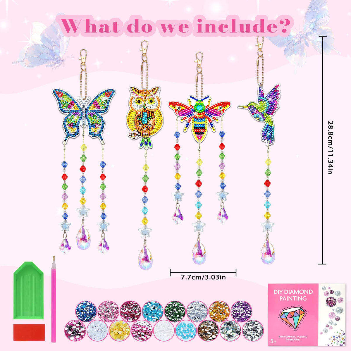4Pcs Diamond Art Kits for Kids/Adults, Crafts for Kids Ages 8-12, Birthday Gifts for 6 7 8 9 10 11 Year Old teen Girl, Diamond Painting Kits wind chimes Crystal Window Suncatcher, Home Garden Decor