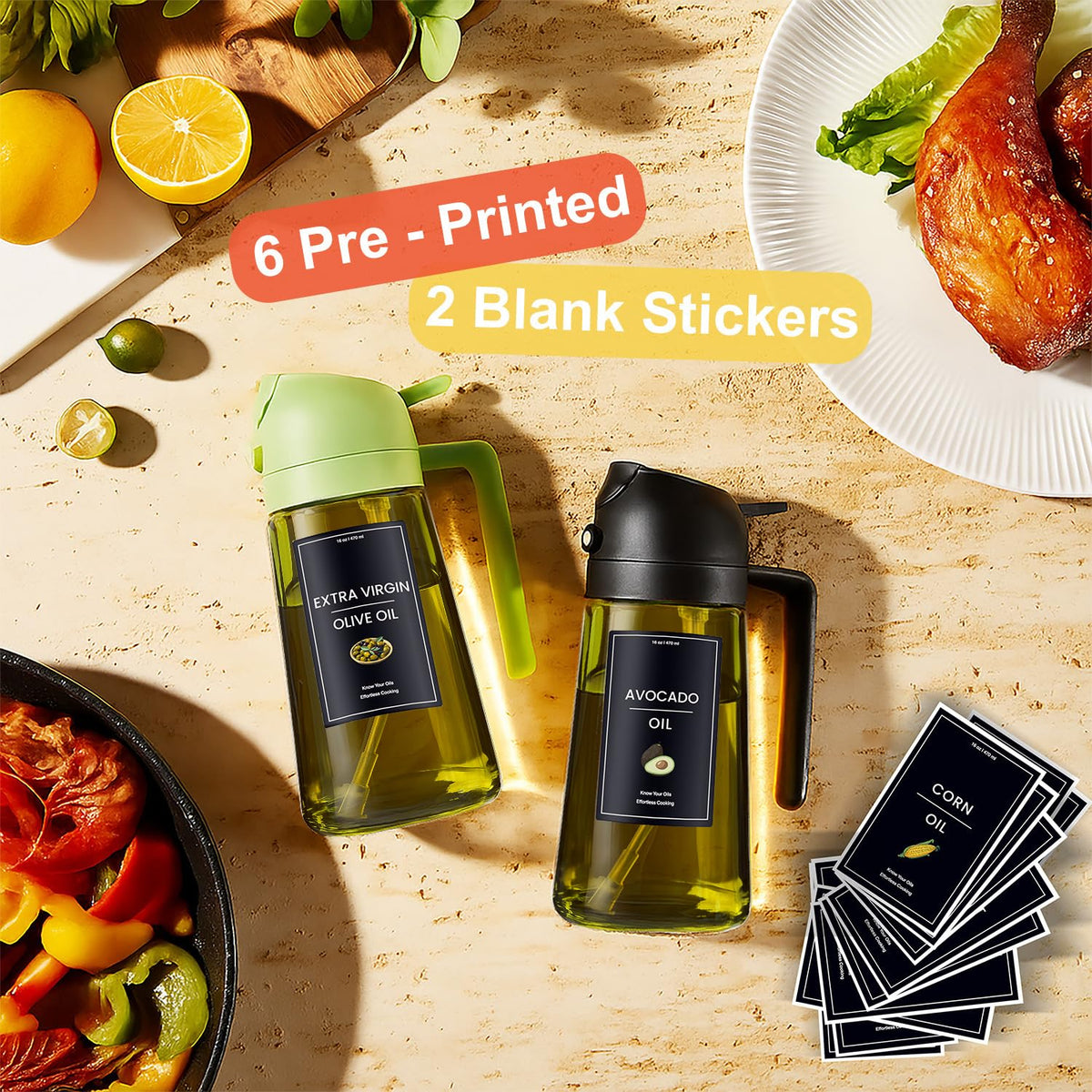 CXINYI - 16oz/470ml Olive Oil Dispenser for Kitchen with Stickers - 2 in 1 Olive Oil Sprayer for Cooking, Air Fryer, and Salad, Black&Green (Light-Proof Kitchen Gadget)