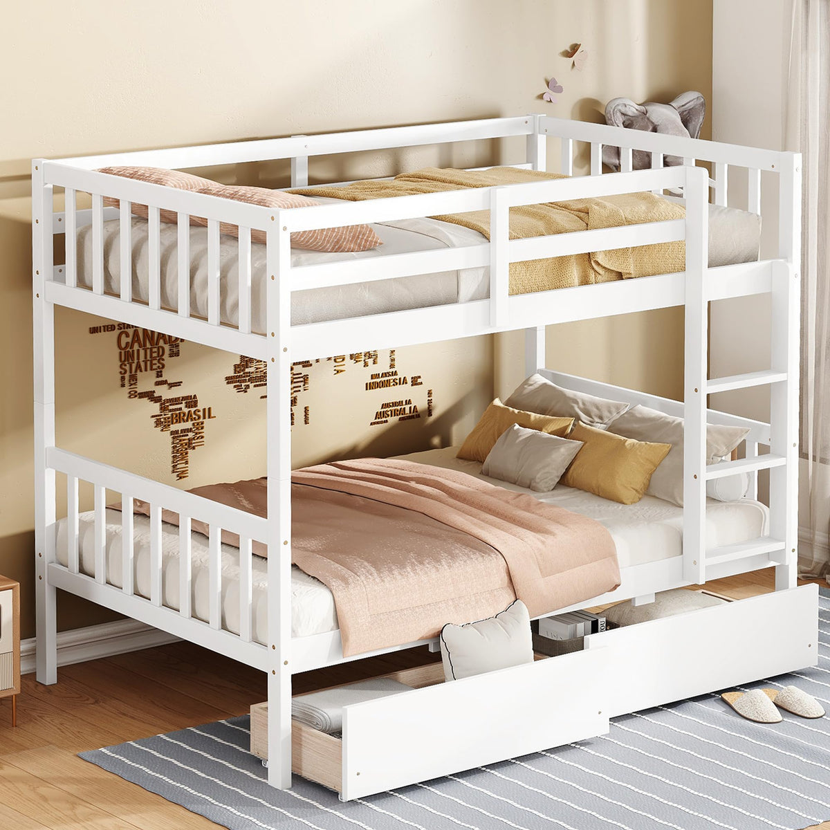 MERITLINE Wood Bunk Bed with Drawers, Convertible Bunk Bed with Ladders and Two Storage Drawers, Solid Wood Detachable Bedframe with Guardrails, Twin Over Twin, White