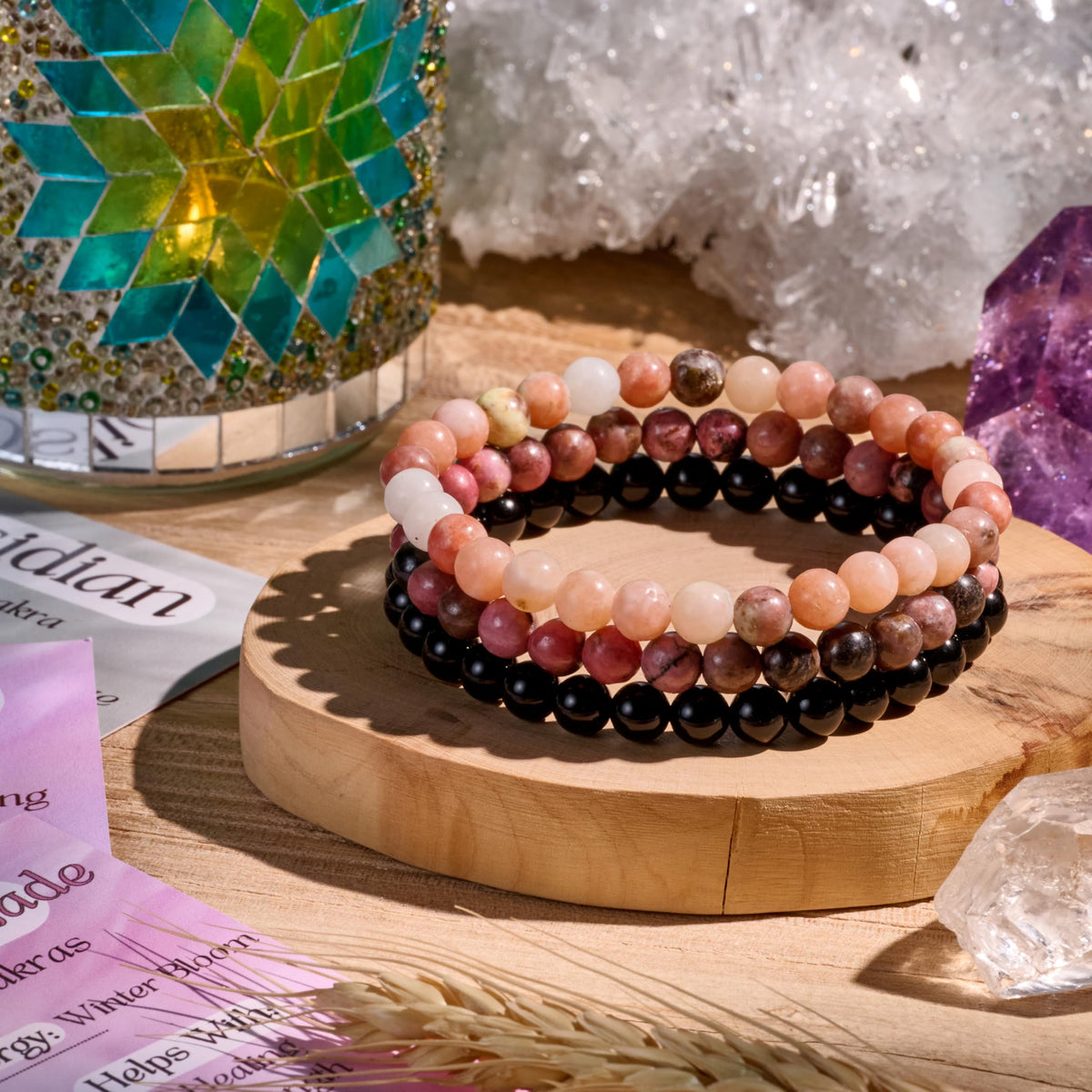 Bivei 3-Piece 8mm Beaded Bracelets for Women – Plum Blossom Jade, Rhodonite, Black Obsidian – Handmade Natural Crystal Stretch Elastic Jewelry for Meditation, Yoga, Protection Gifts