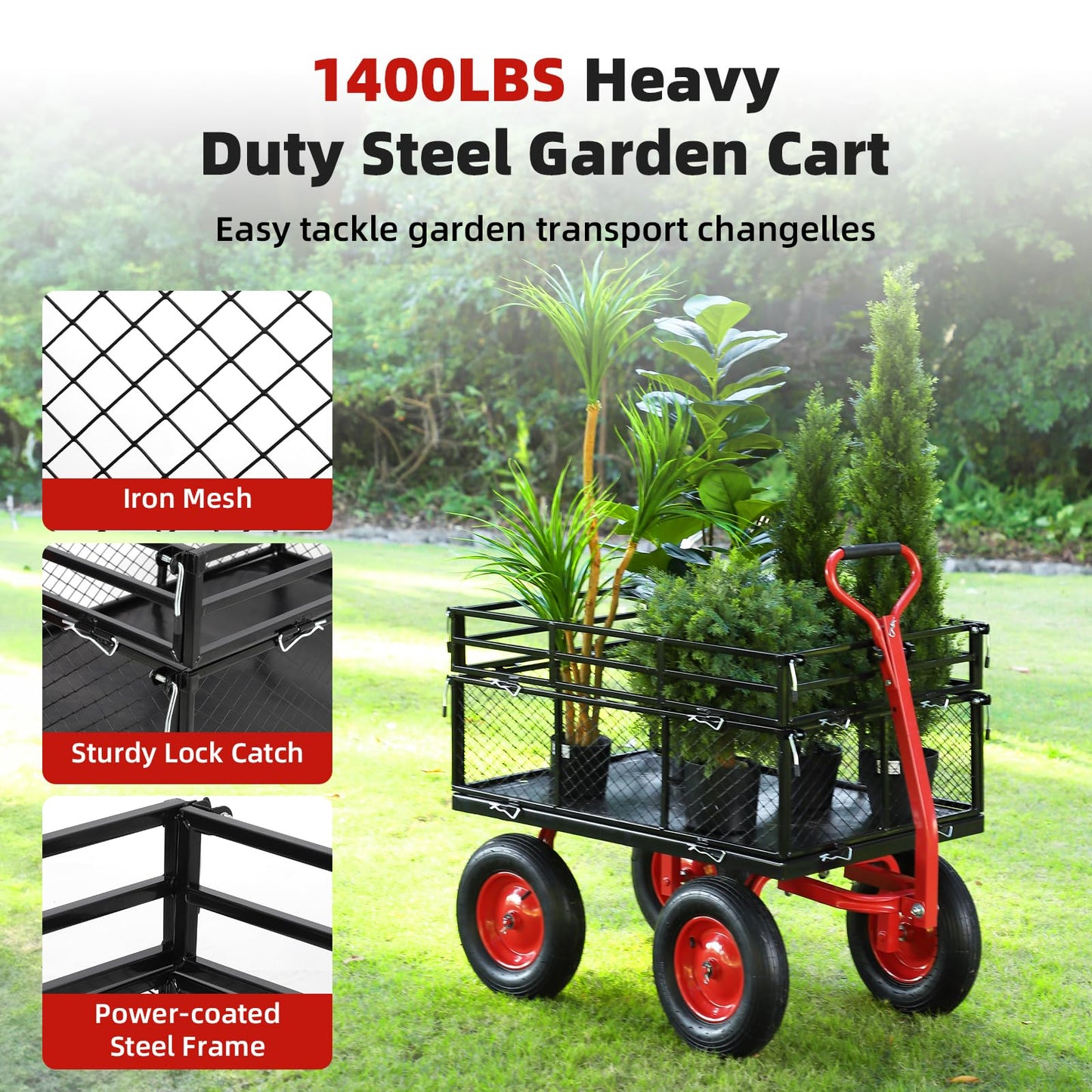 1400 lbs Steel Garden Cart, Heavy Duty Metal Yard Utility Wagon with Removable Mesh Sides, 2-in-1 180° Rotating Handle and 16 inch Wheels, Steel Utility Wagon Perfect for Garden, Farm, Yard