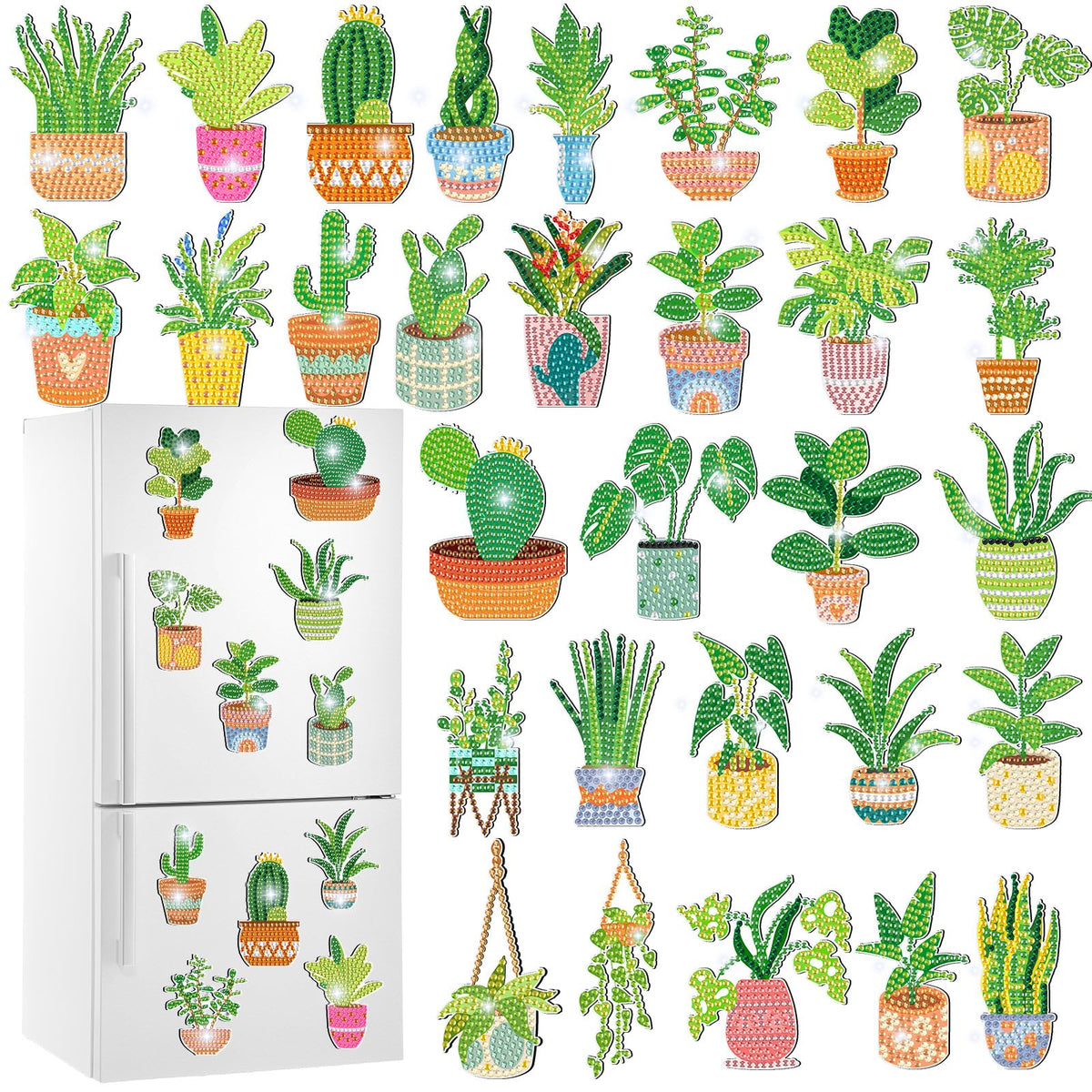 Xuhal 30 Pcs Potted Plants Diamond Painting Magnets Green Plants Diamond Art Magnet Kits for Adults Green Refrigerator Magnetic Sticker 5D Rhinestone Fridge Stickers for DIY Crafts Beginners Gifts