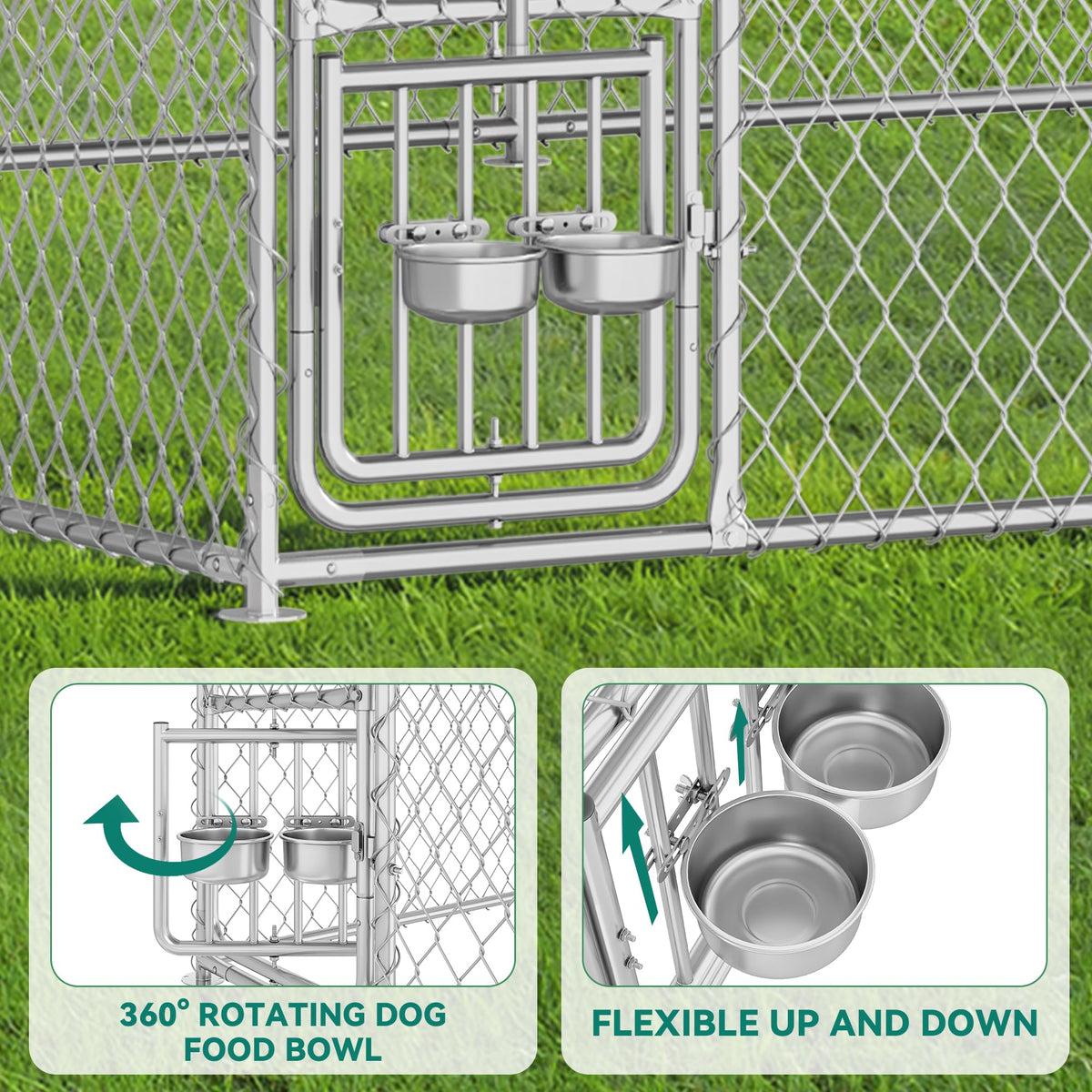 YITAHOME 14.8'x14.8' Large Outdoor Dog Kennel with Rotating Feeder Bowls, Outdoor Dog Enclosure with Roof, Heavy Duty Dog Cage for Large Dogs