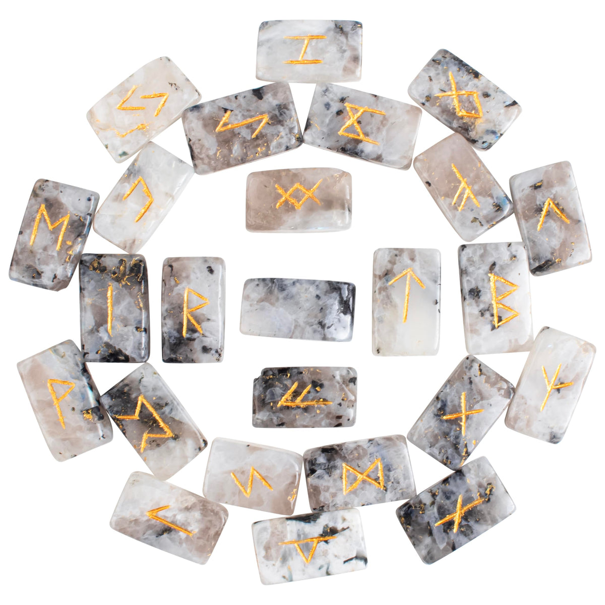 Crocon rectangle shape gemstone runes with Elder Futhark Alphabet Engraved |25 pcs rune set |Crystal Divination Healing Chakra Reiki set| with a pouch|Size: 20-25mm (Rainbow moonstone rune)