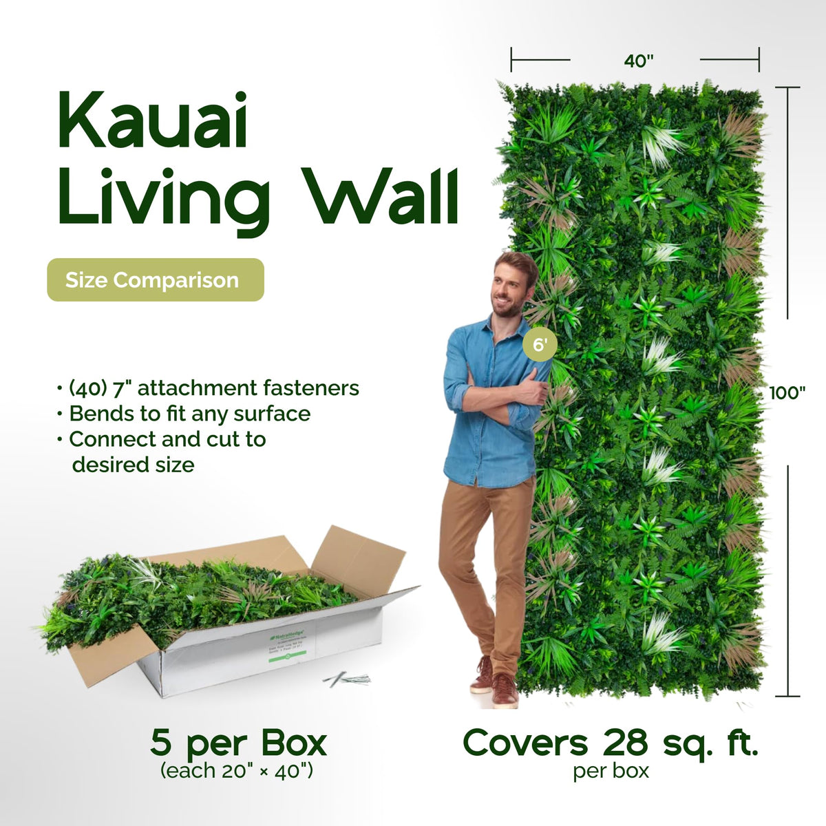 NatraHedge 20''X40'' Artificial Kauai Living Wall Grass Wall Decor, 5Pcs (28SqFt) Hedge Leaf Grass Panels for Indoor, Outdoor, Garden and Balcony Privacy Fence Screen