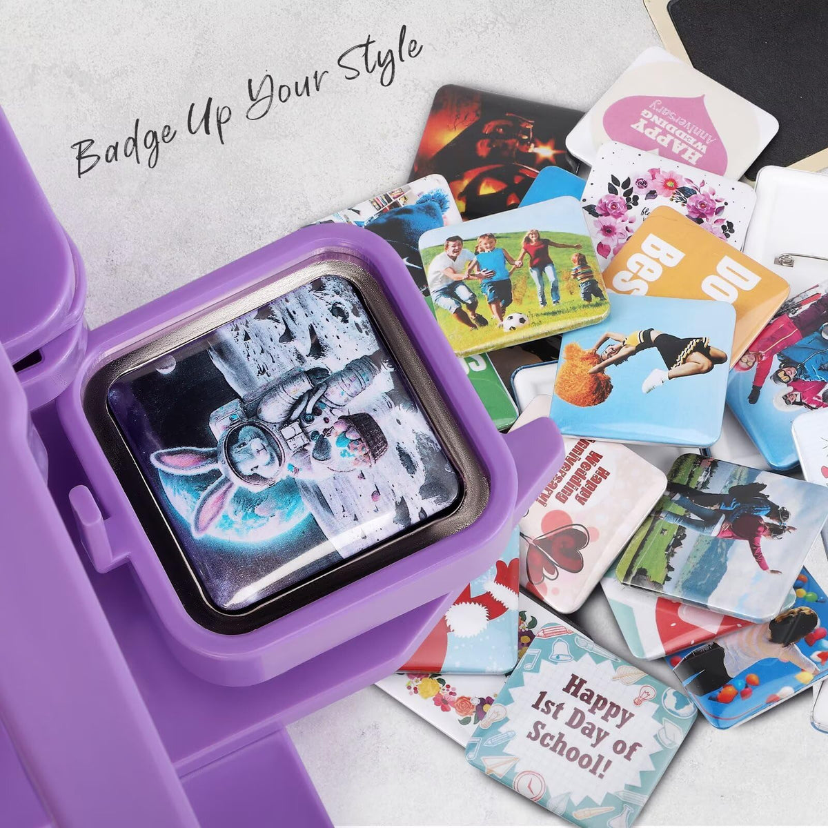 Square Magnet Button Maker Press Machine with 100 Sets Square Badge Making Supplies 2'' x 2'', Custom Fridge Badges – Ideal for Parties, Events, Business, School