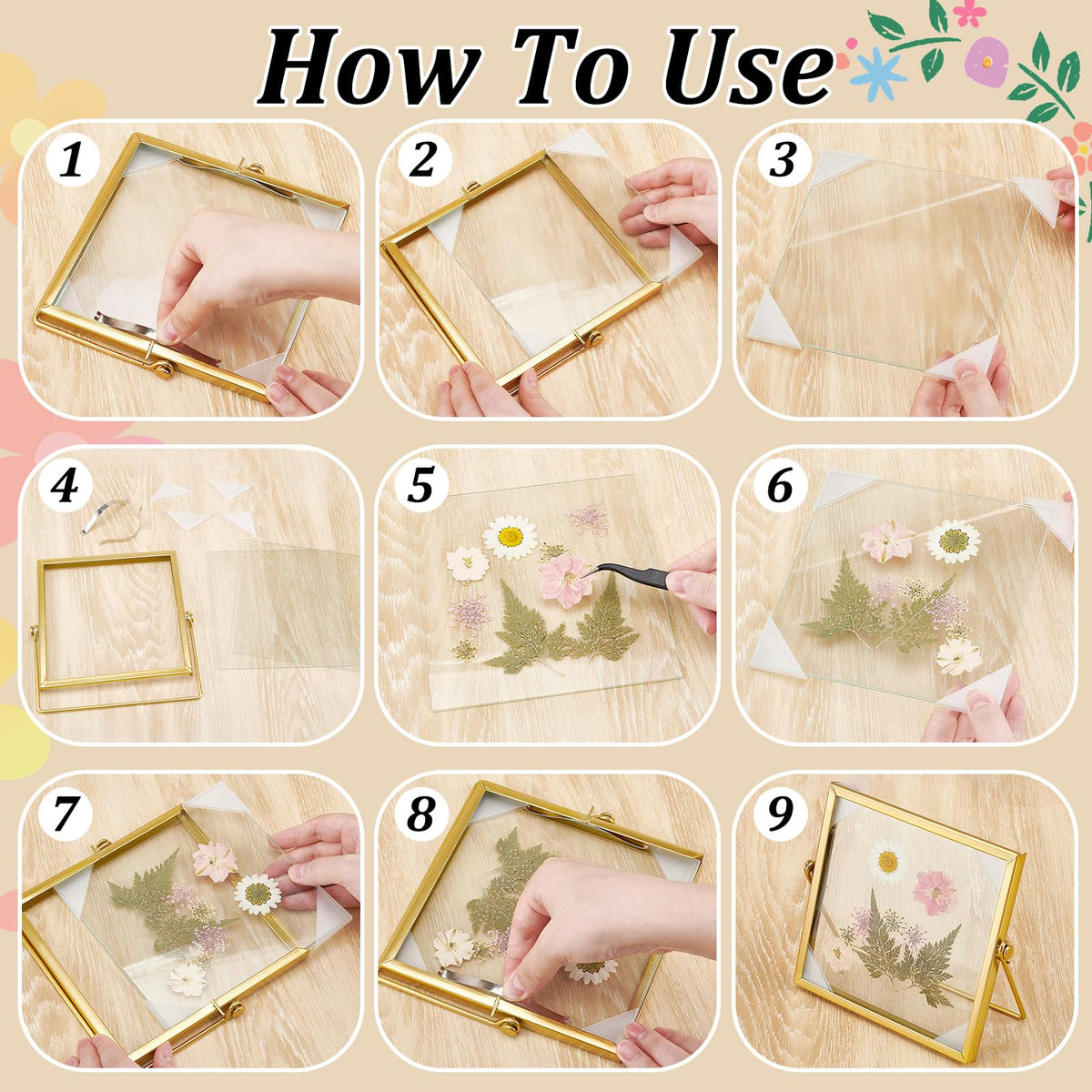 GLASSWINDS 4Pcs Pressed Flower Frame, Double Glass Frame for Pressed Flowers Handmade, 6x6 Inches Clear Glass Picture Frames, Gold Floating Frames for Press Flower Tabletop Display DIY Birthday Gift