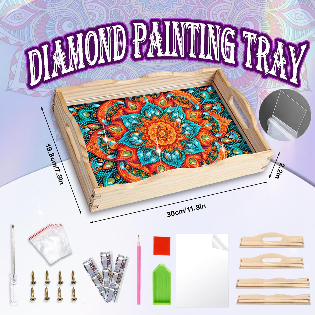EWJRNSF Diamond Art Kits for Adults Wooden Serving Trays with Handles, 5D Diamond Painting Big Gem Arts and Craft Gifts Trays Decor Gift Home Decor 7.8x11.8 Inches Mandala E