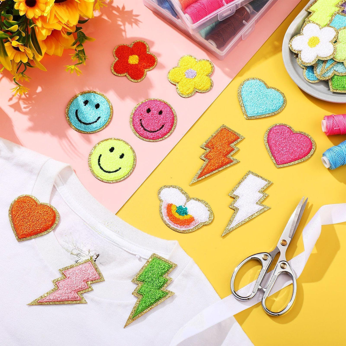 Hanaive 80 Pcs Chenille Letter Patches Self Adhesive Iron on Patch 3D Cute Embroidered Rainbow Smile Face Heart Applique Sewing Badges Patch for Fabric Clothing Jacket DIY(Assorted Rainbow,Cute)
