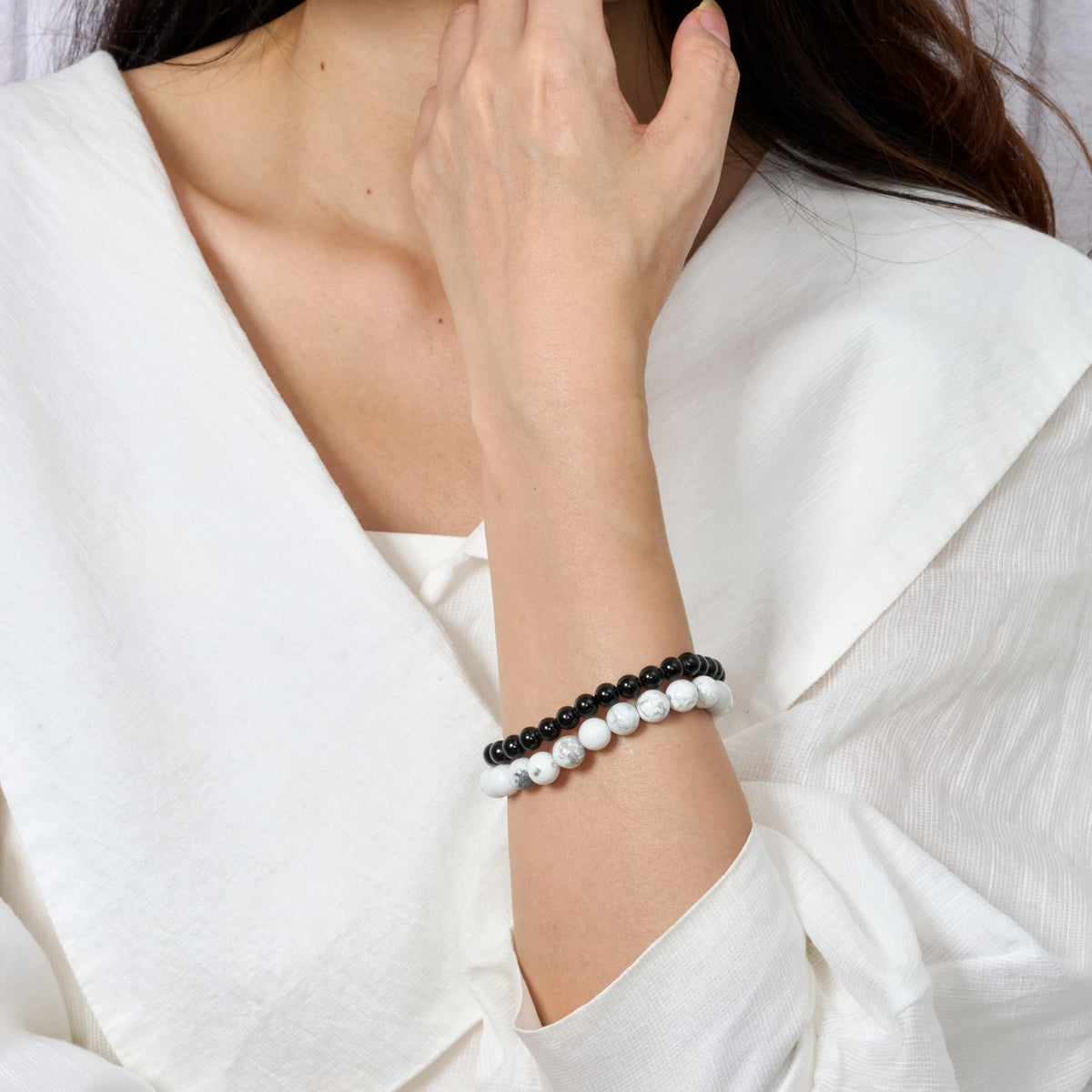 Bivei 2-Piece 8mm Beaded Bracelets for Women – Black Obsidian, Howlite – Handmade Natural Crystal Stretch Elastic Jewelry for Meditation, Yoga, Protection Gifts