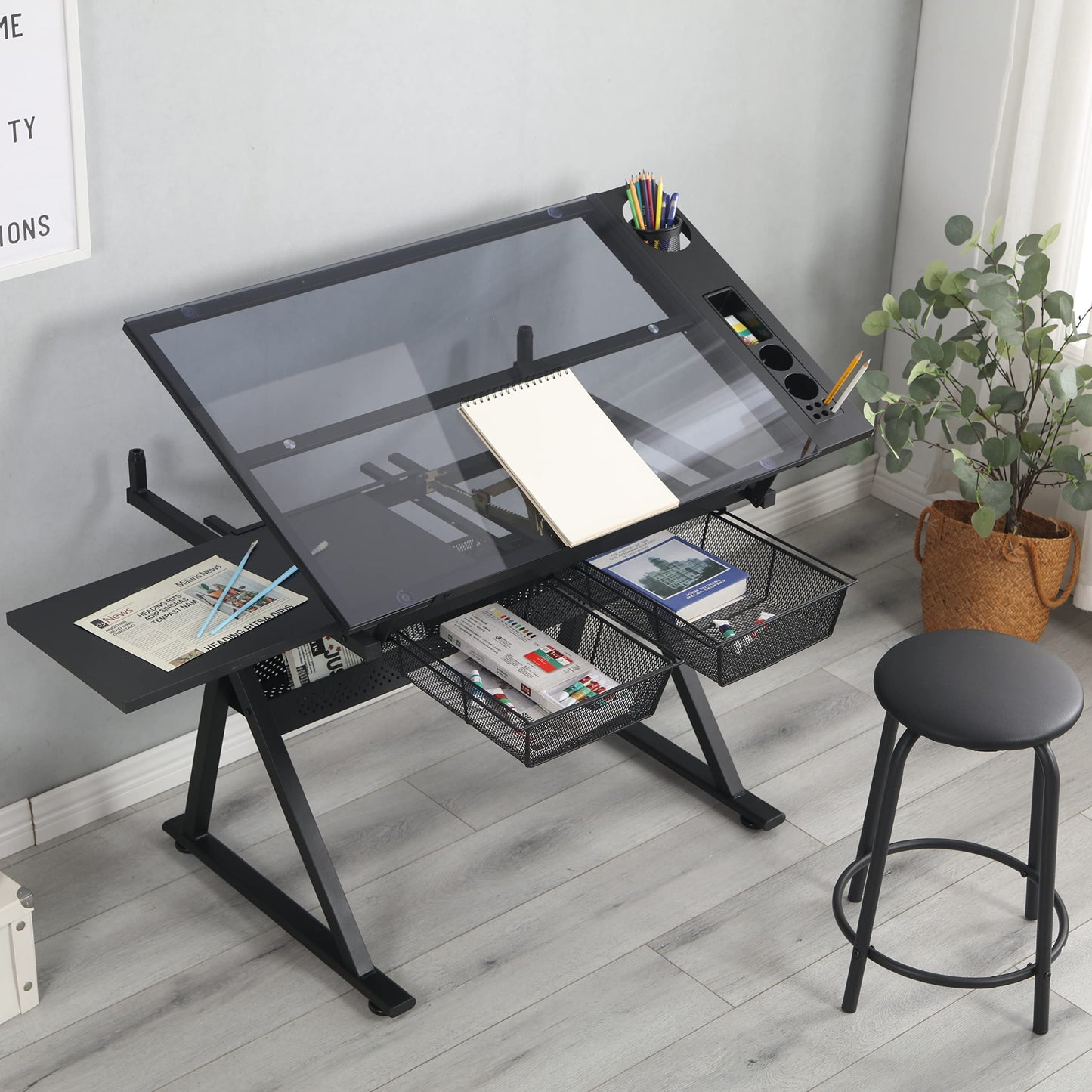 GOWE Black Adjustable Tempered Glass Drafting Printing Table with Chair
