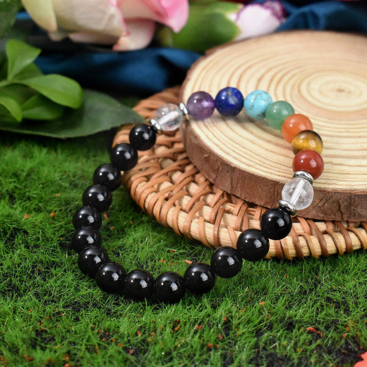 Ayriwoyi 7 Chakra Bracelet For Women Healing Crystal Black Agate Beaded Stone Bracelet 6.5 inch Anxiety Bracelets for women Crystals and Healing stones