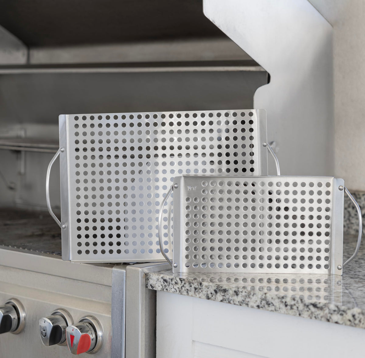 Outset Stainless Steel Grill Topper Grid, Set of 2, 11"x7" and 11"x17" BBQ Basket Trays