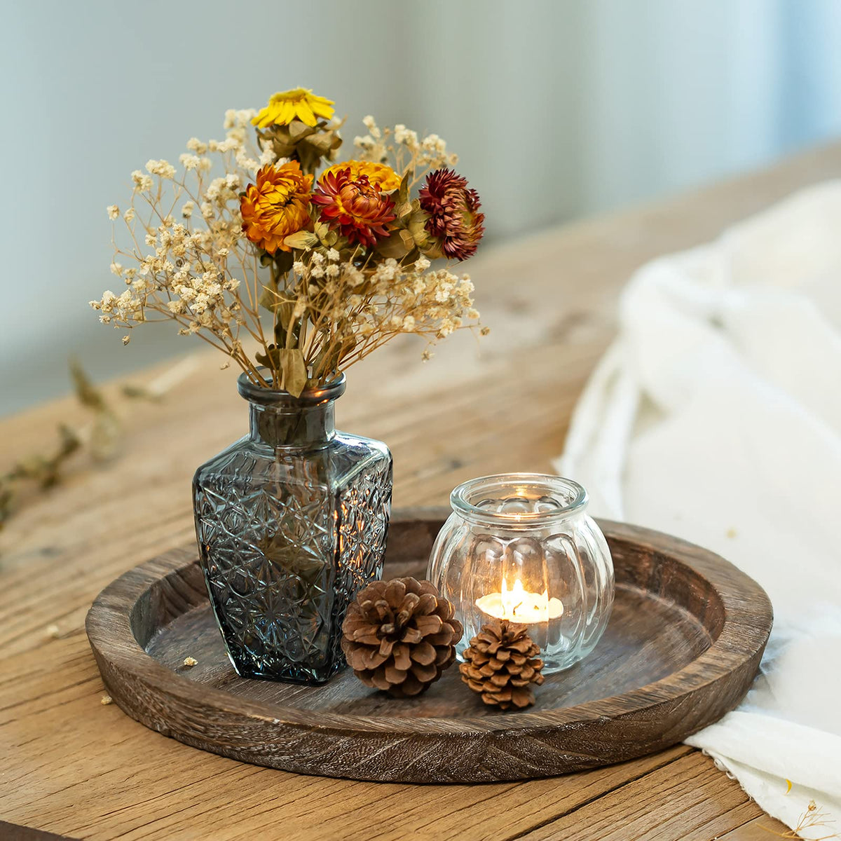 Romadedi Farmhouse Wooden Candle Tray - 11 Inch Round Decorative Trays for Coffee Table Dining Centerpiece Kitchen Counter Candle Holder Wood Trays for Christmas Rustic Home Decor