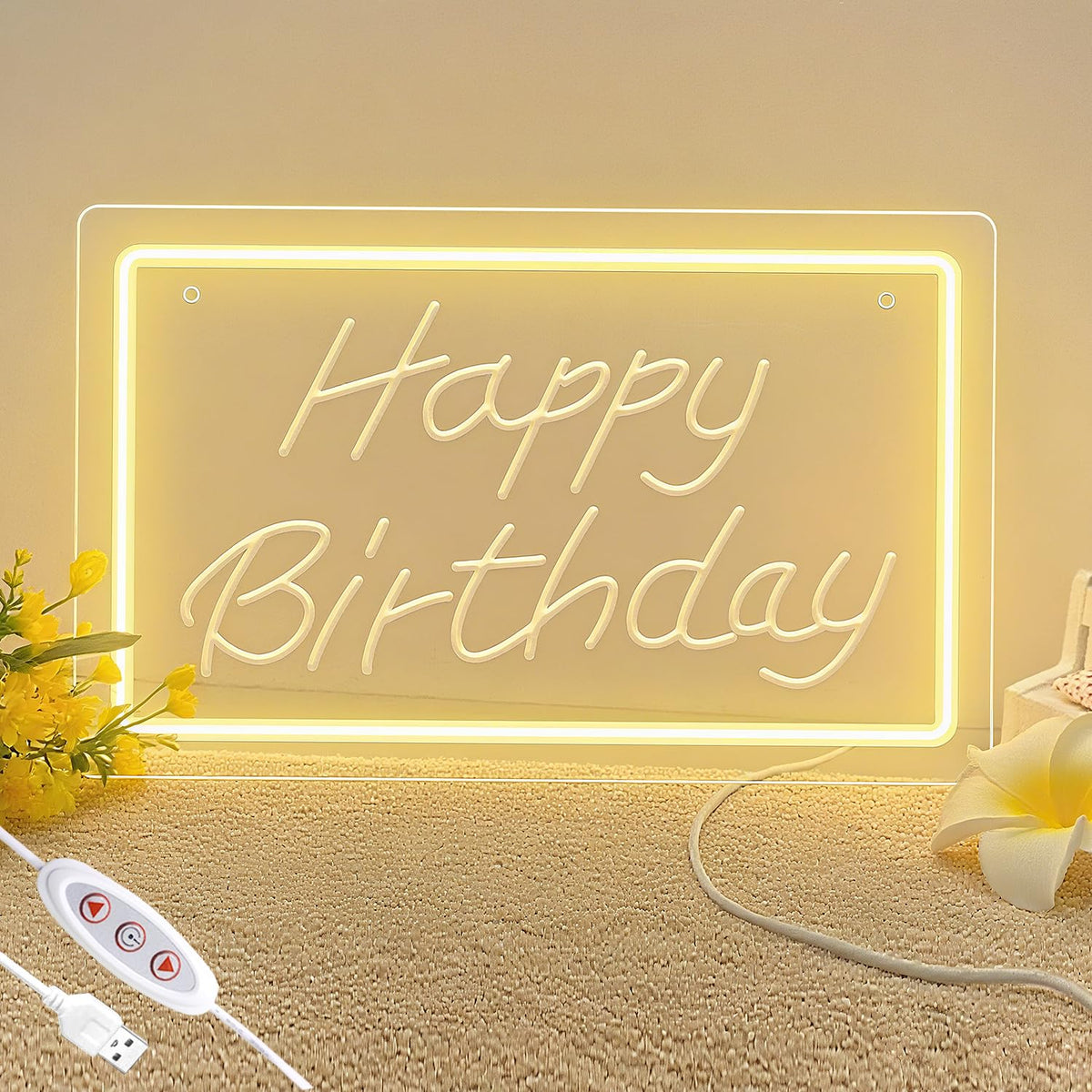 KeyDoors Happy Birthday LED Neon Sign 11.8 x8.3in– Warm White Dimmable Neon Light, USB Powered Wall Decor for Party Backdrop, Bachelorette Party Decor, Ideal Christmas Gift & Birthday Gift