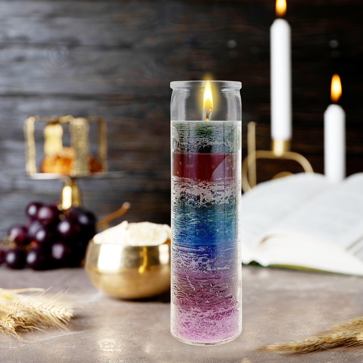 Mega Candles 1 pc Unscented 7 Color Glass Devotional Prayer Candles, Hand Poured Wax Candle 2 Inch x 8 Inch, Sanctuary, Vigils, Prayers, Casting Chimes, Spiritual, Rituals, Spells, Wicca, Deities