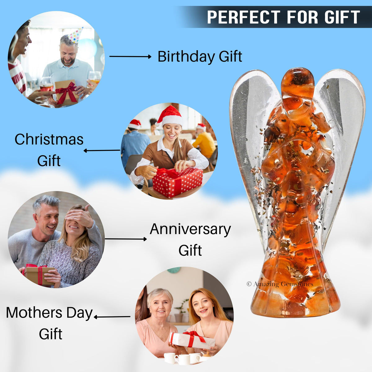 Amazing Gemstone Carnelian Guardian Angel Figurine Pocket Crystal Angel for Protection - Orgone Guardian Angel with Orgonite Layer and Natural Crystal for Healing Gift (2 Inch, Organite)
