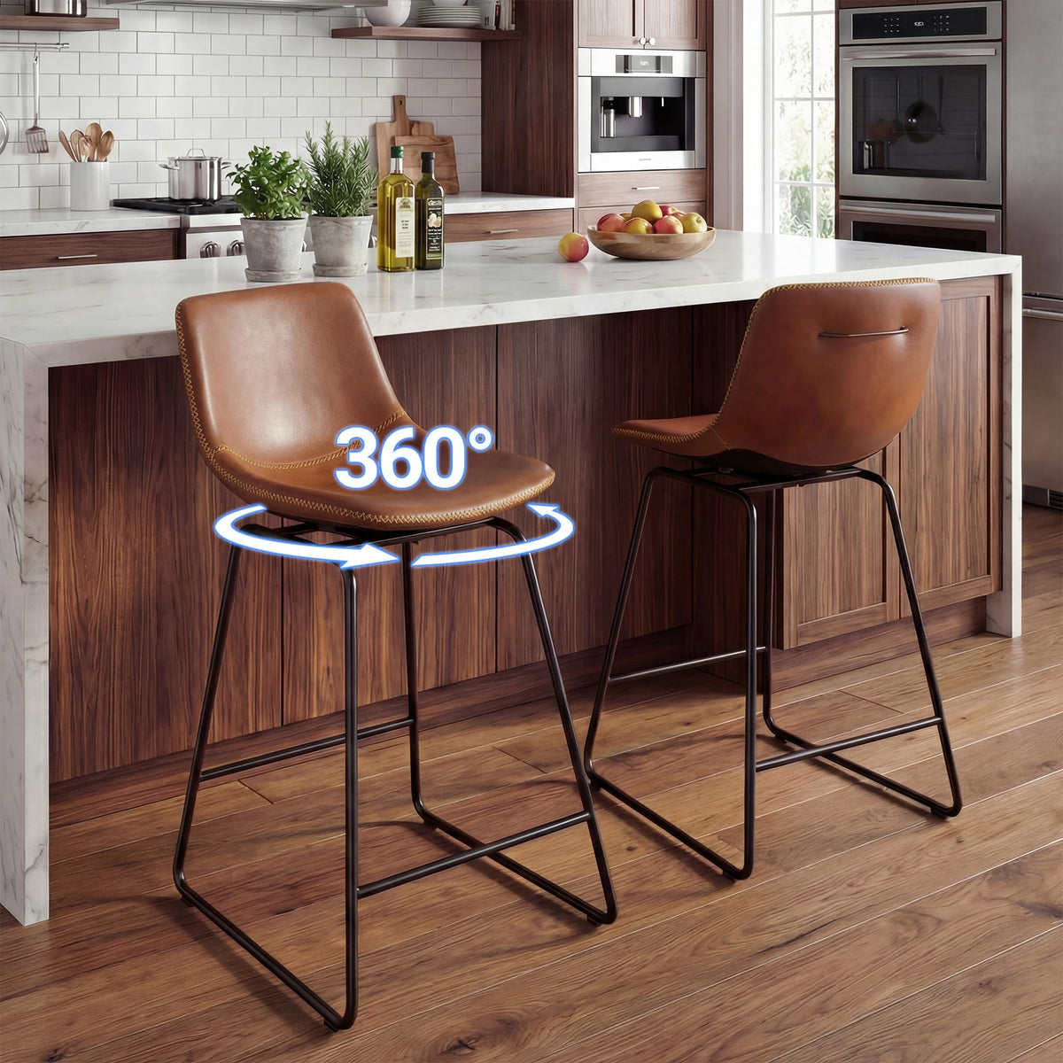 Mistpople Swivel Counter Bar Stools - 26 Inch Counter Height Barstools Set of 6 with Back and Footrest, Modern Faux Leather Armless Bar Chairs with Metal Legs for Kitchen Island, Dining (Brown)