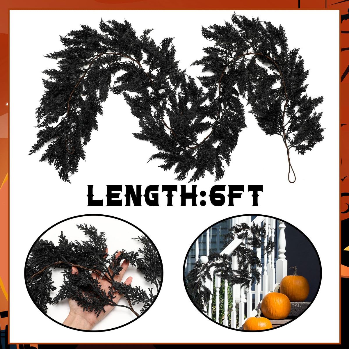 XunYee Black Halloween Garland 6 Feet Spooky Halloween Cedar Garland Mantel Fireplace Artificial Faux Trailing Realistic Gothic Hanging Vine Twigs for Thanksgiving Party Outdoor Indoor Home Decor