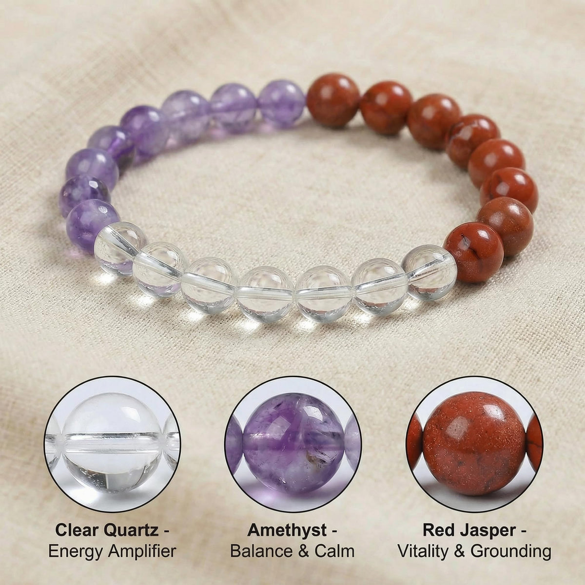 Bivei Health Bracelet, Strength Crystal Healing Bracelet 8MM with Clear Quartz & Amethyst & Red Jasper - Spiritual Stretch Beaded Jewelry for Women Men Gift